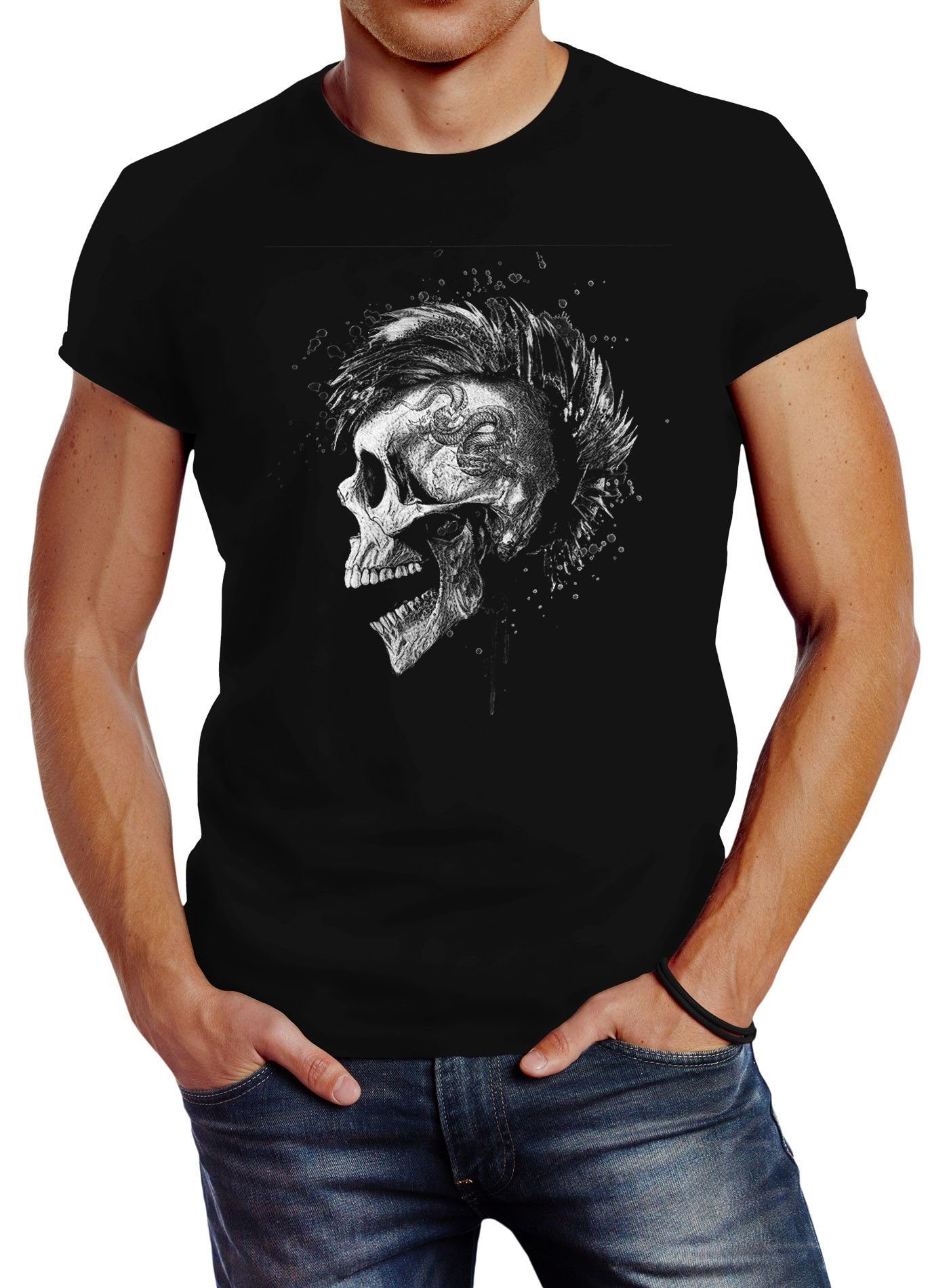 Neverless Print-Shirt Herren T-Shirt Punk Mohawk günstig online kaufen