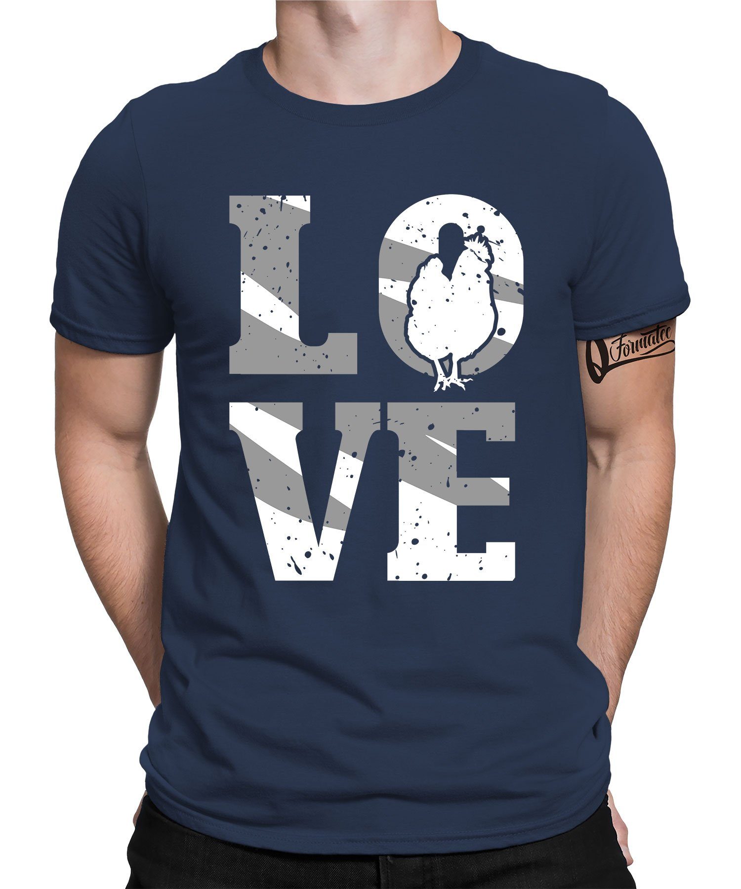 Quattro Formatee Kurzarmshirt Love - Huhn Hahn Chicken Bauern Hühner Herren T-Shirt (1-tlg) Navy Blau