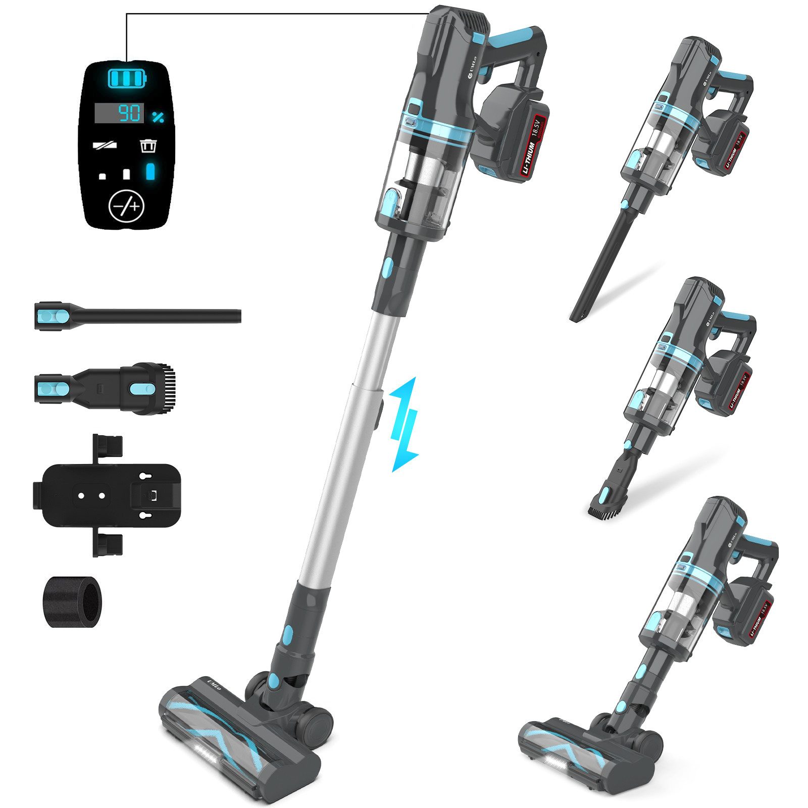 MIBODE Hand-und Stielstaubsauger UMLo V11 Blau-Grau Kabelloser Stielstaubsauger 2-in-1 HEPA 300W LED