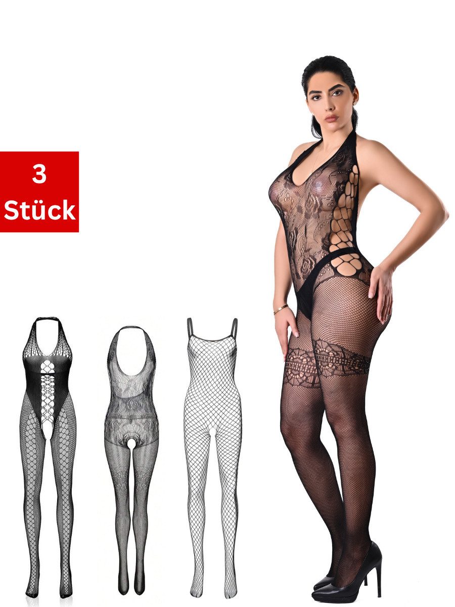 Elegant Love Bodystocking-Ouvert Sexy Netz-Bodystocking mit Ouvert – Rückenfreier Strumpfbody Dessous (Packung 3 St. 3er-Pack) Feminine Lingerie – Zarte Reizwäsche mit offenem Schritt (S–XL)