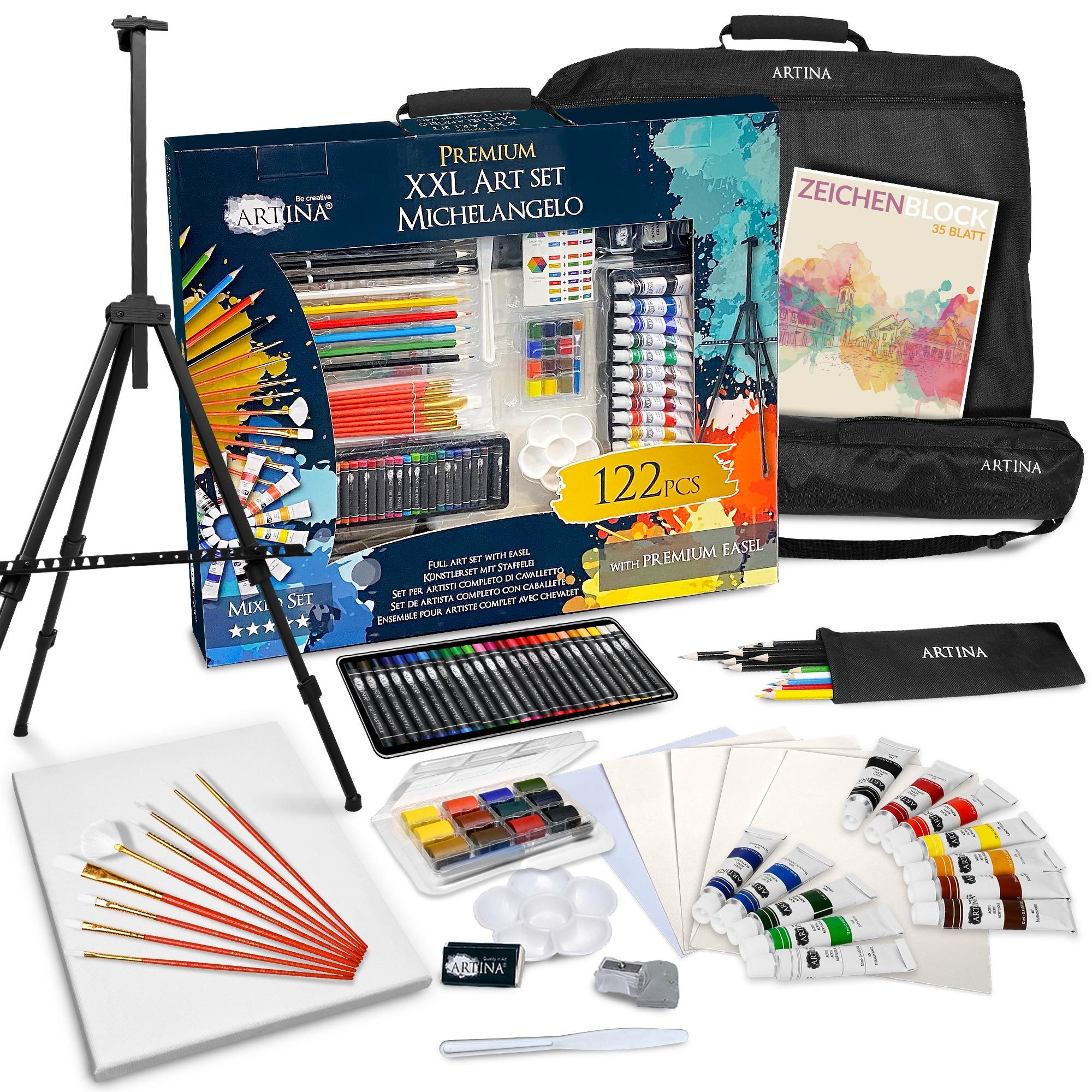 Artina Malpalette 122tlg XXL Malset mit Staffelei Michelangelo, 122tlg., Set Acryl & Zeichenset – Buntstifte, Leinwand, Pinselset, Farbe