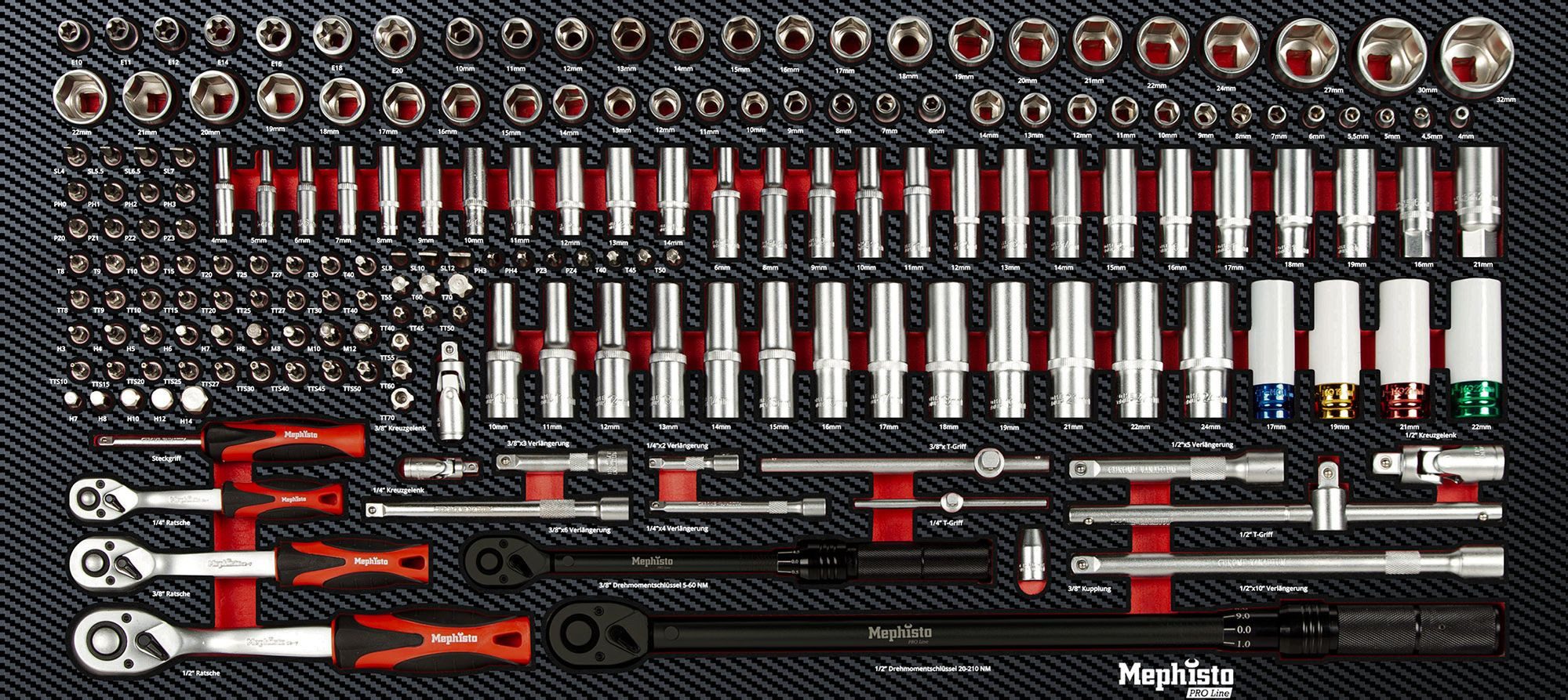 Mephisto-Tools Werkzeugset, (Set), metrisch, inkl. Soft Inlay in Carbon-Optik passend zu WZW 71015