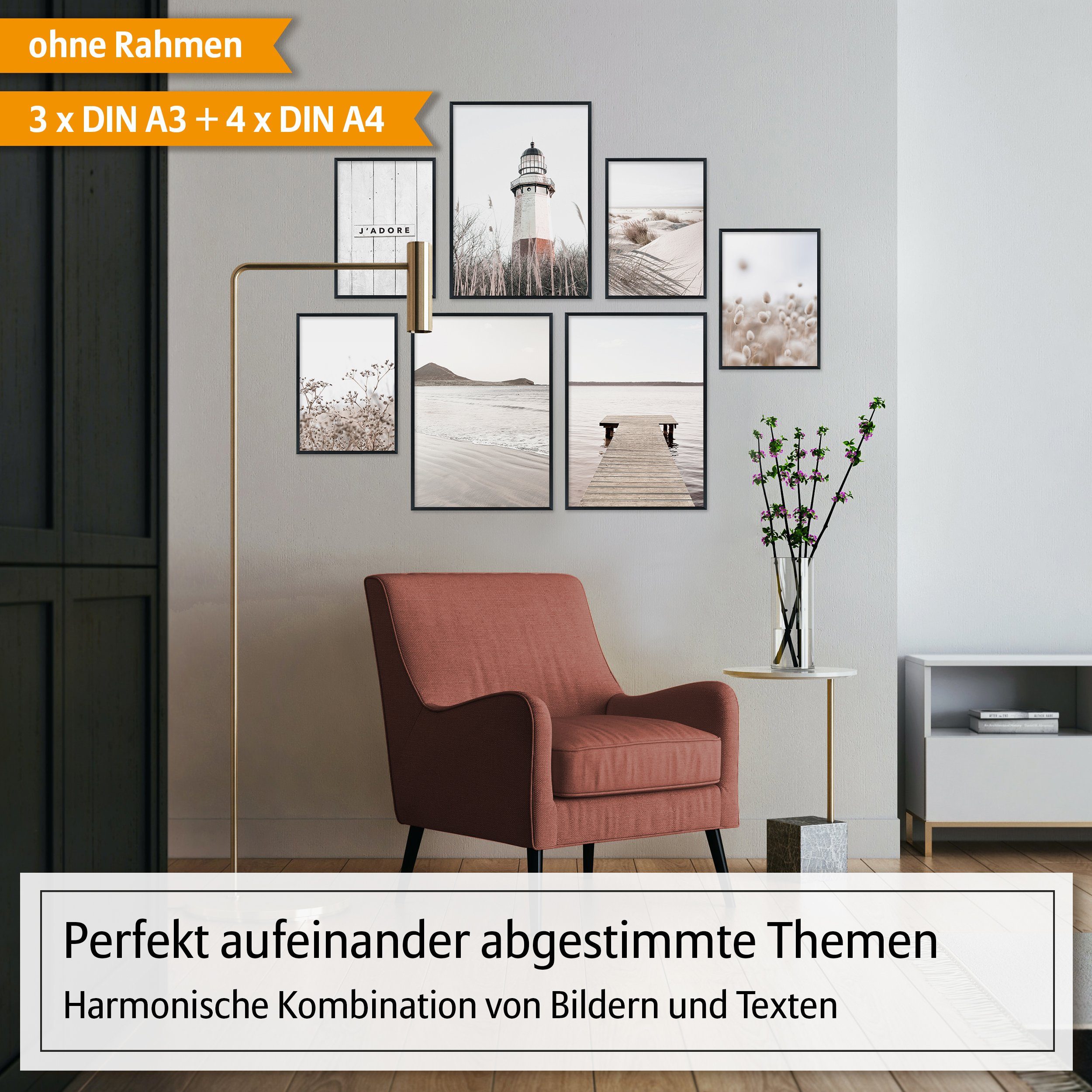 Hyggelig Home Poster Leuchtturm, Premium Poster Set OHNE & MIT Rahmen - 7 Wandbilder Strand, Meer (Set, 7 St), Collage Natur, Qualitätsdruck auf dickem Papier