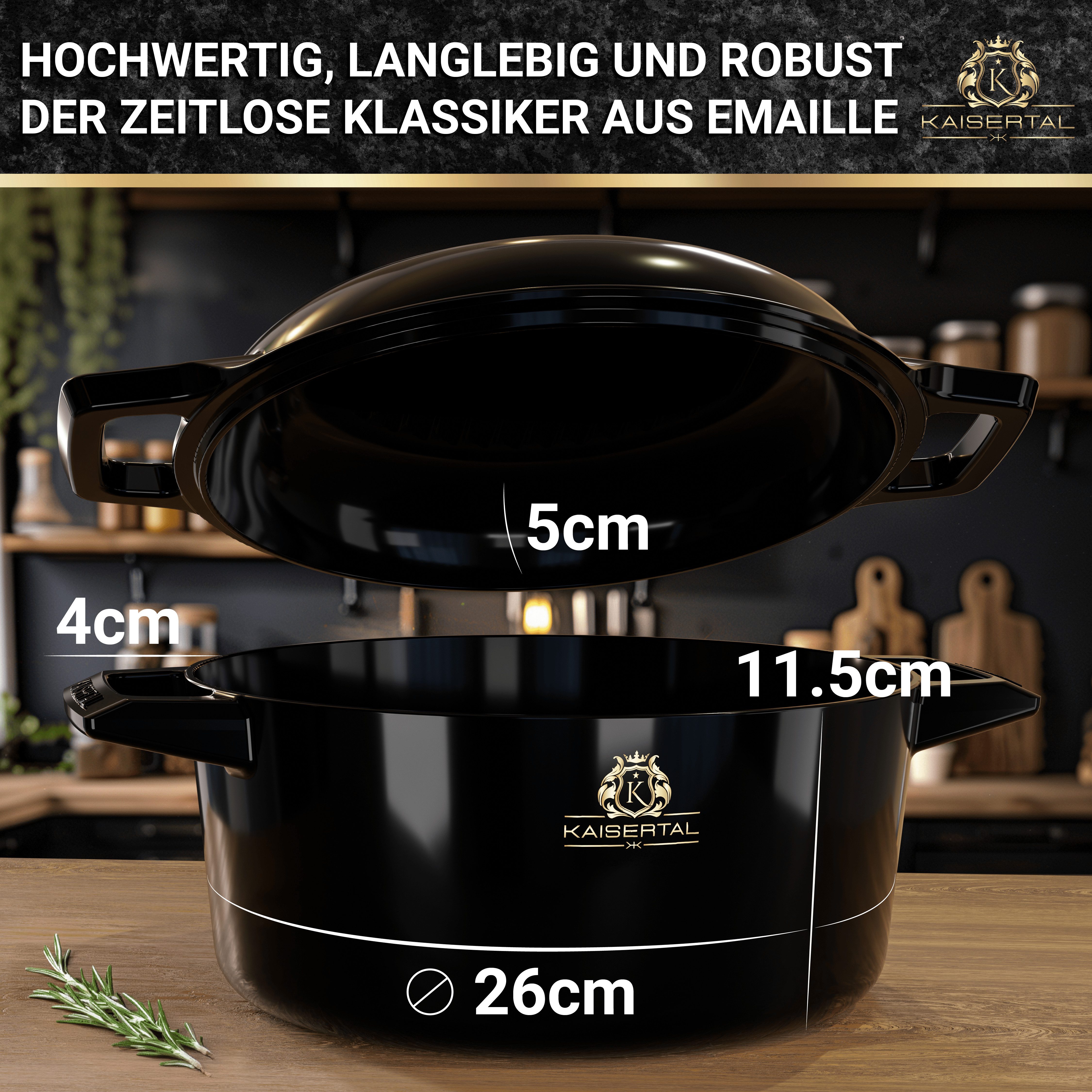 Kaisertal Bräter Gusseisen Topf - eingebranter / emaillierte Gusseisentopf Schmortopf, Emaille, Gusseisen, Gusseisen Topf + Deckelpfanne, Offenfest, Induktion, Elektroherd