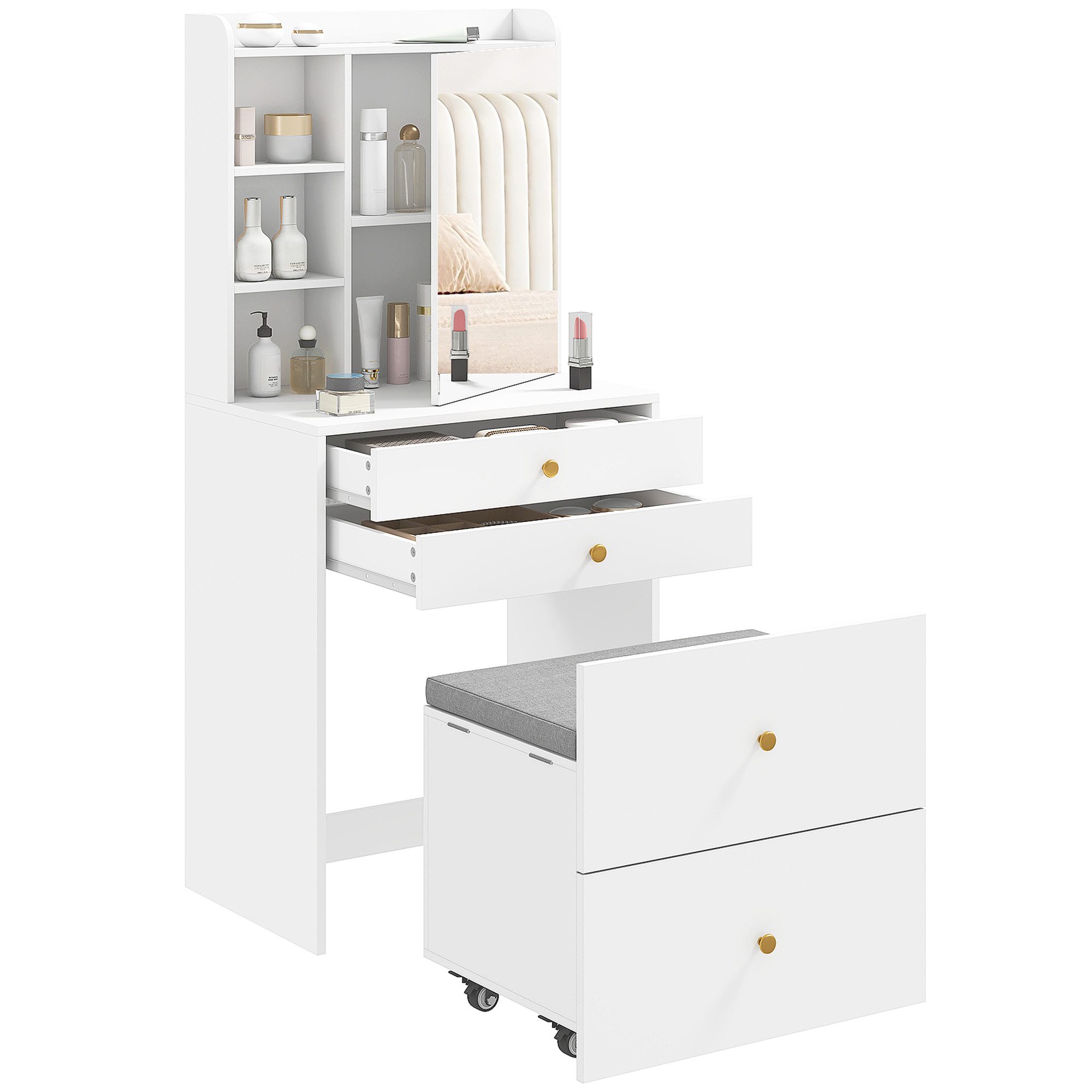 HOMCOM Schminktisch Frisiertisch mit Schrank, Schubladen (Set, 1-St., Schminktisch-Set), Hocker mit Stauraum und Rollen, kompakt, viel Stauraum – Bild 2 von 5
