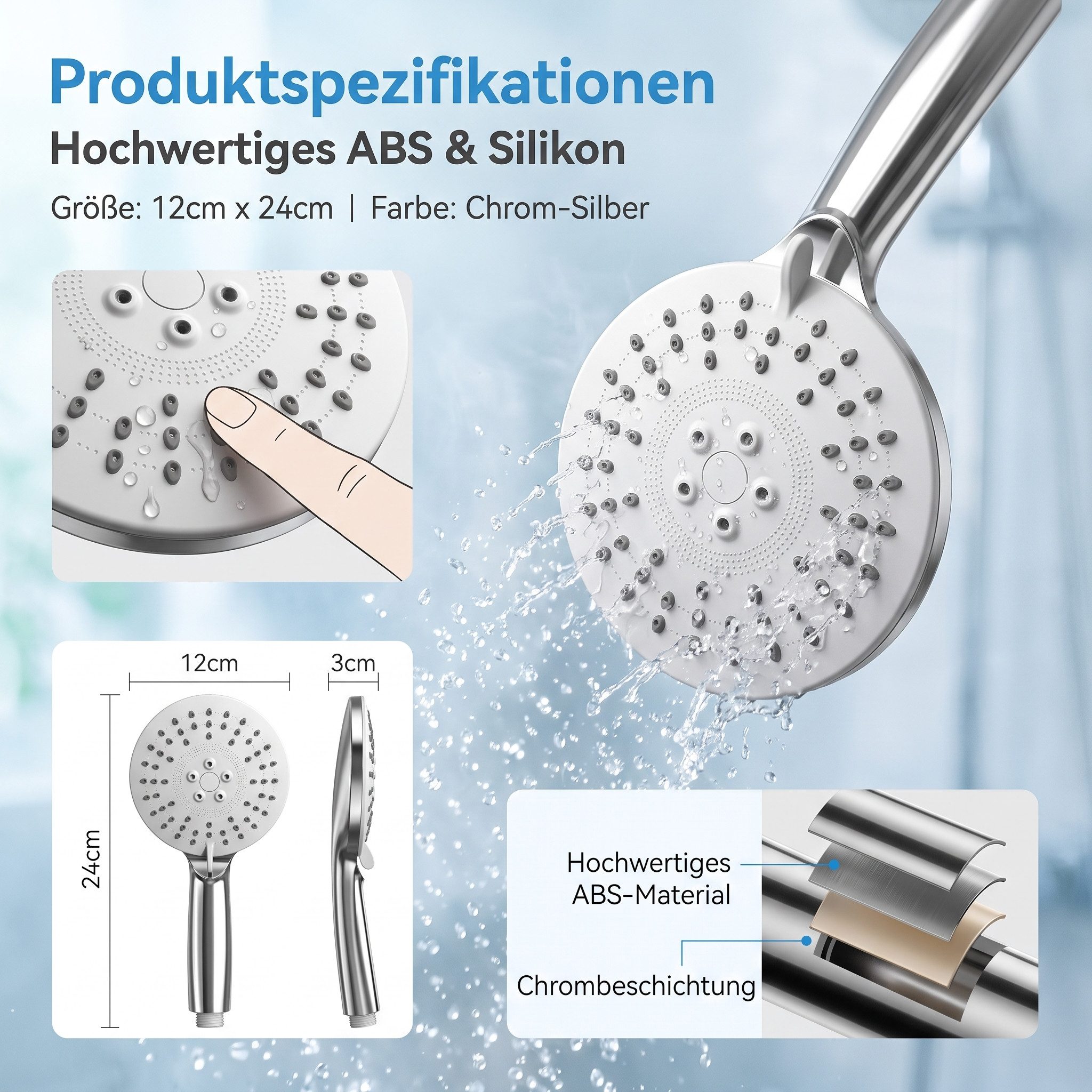 AIMAX Handbrause Hochdruck Handbrause mit 3 Strahlarten Antikalk G1/2 – Bild 5 von 5