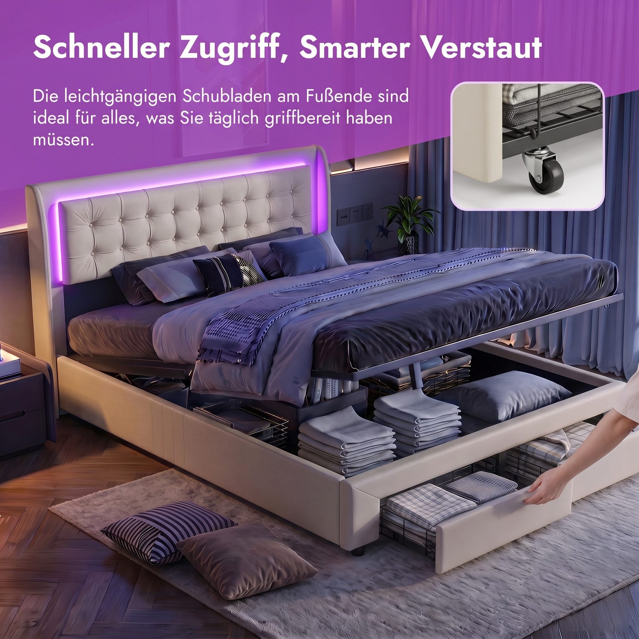 PXloue Polsterbett LED Doppelbett, Bettkasten, Schubladen, Samt, 180x200 cm