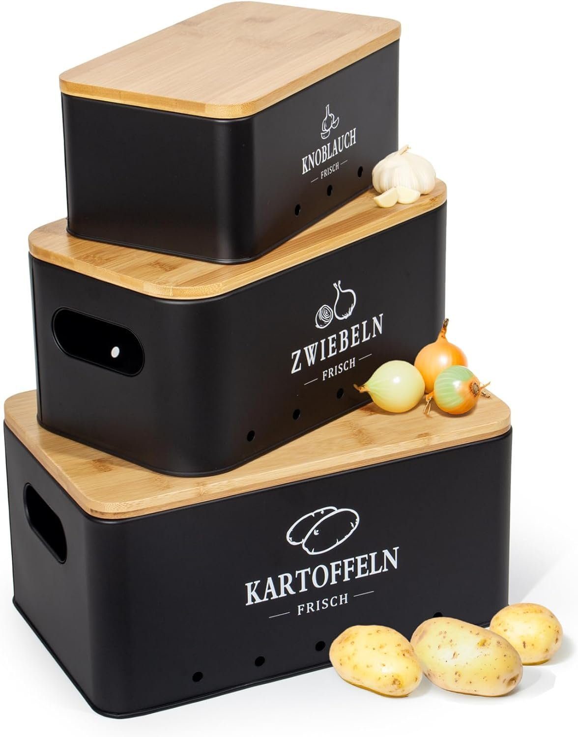 Zedelmaier Vorratsdose Vorratsdosen für Kartoffeln,Zwiebeln,Knoblauch, Rechteck, (Set, Set of 3), 360° Luftzirkulation, mit Bambusdeckel, Hält das Gemüse frisch