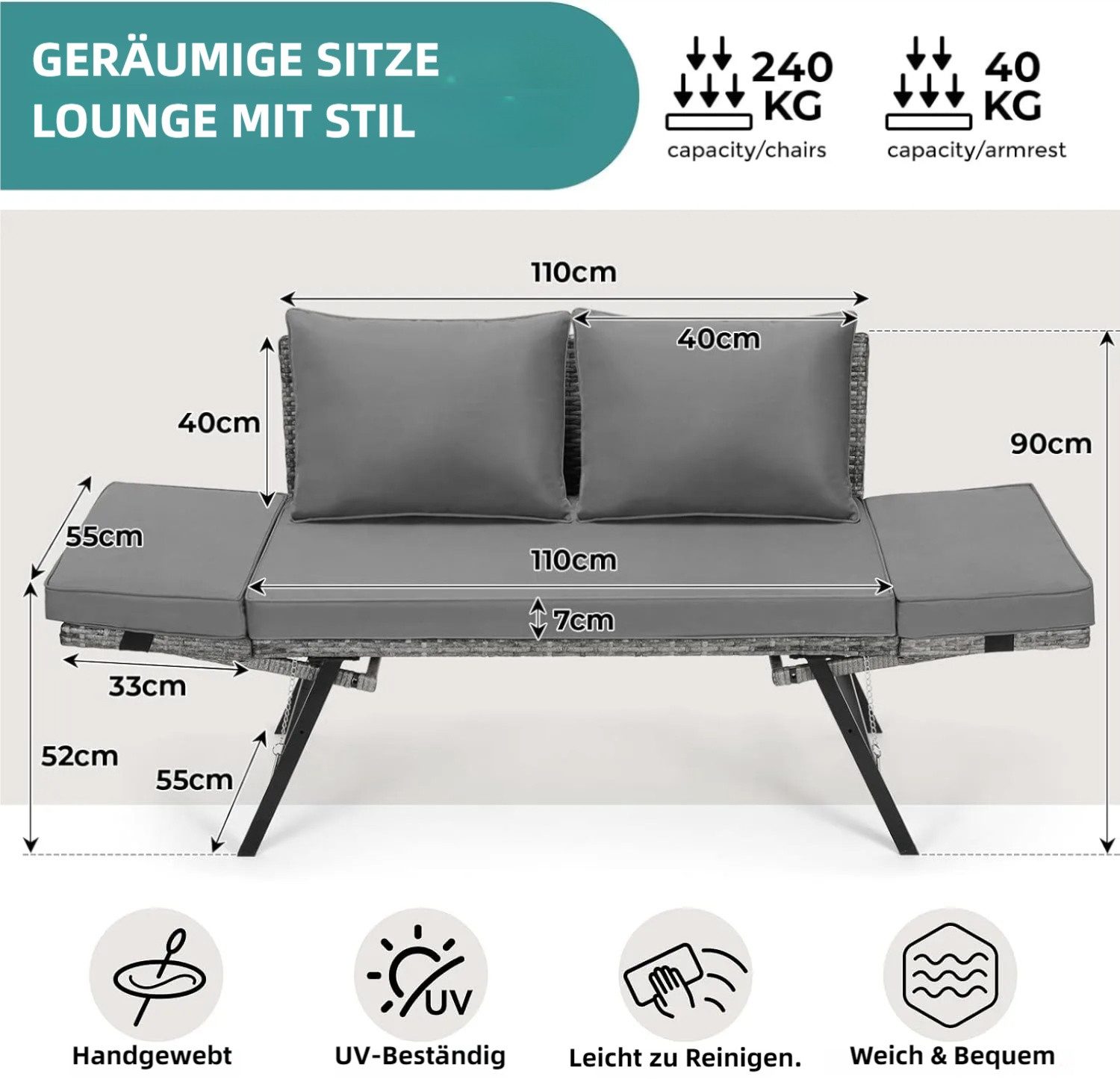 TLGREEN Gartenbank mit Liegefunktion, Wetterfest UV-beständig Rattan Gartensofa (2 Personen Einfache Umwandlung, Polyrattan Sitz-Liege 2-Sitzer Abnehmbare Kissenbezüge), Grau/Beige – Platzsparend & Stabil