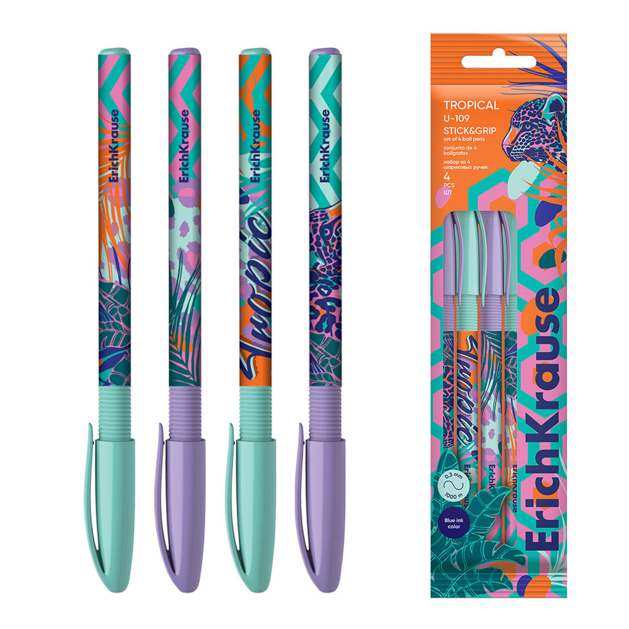 Erich Krause Kugelschreiber, Kugelschreiber U-109 Tropical Motiv 1,0mm 4er Set Blau
