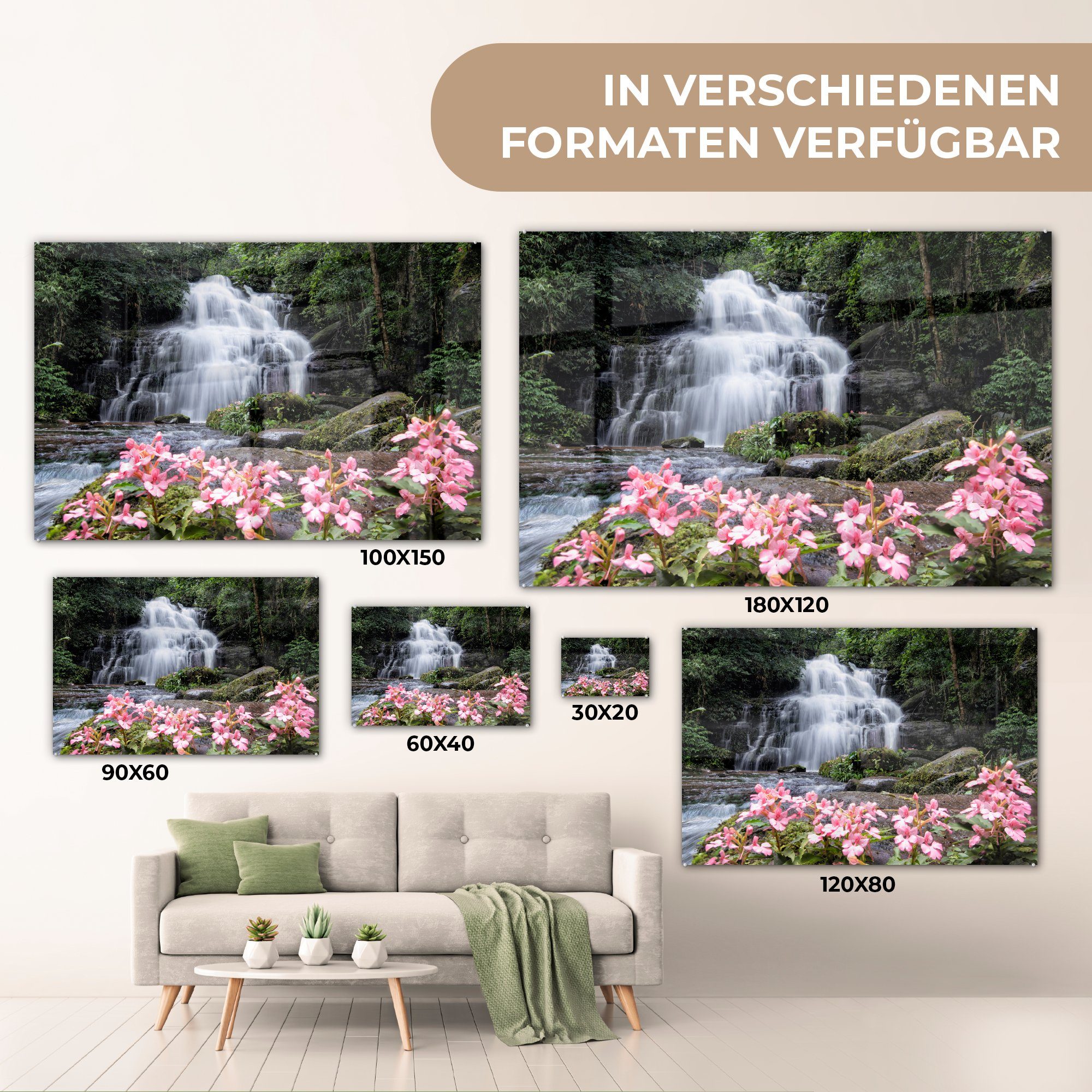 MuchoWow Acrylglasbild vor im Wohnzimmer Wasserfall & wachsen Rosa Acrylglasbilder (1 Phu Löwenmäulchenblüten Schlafzimmer einem Rong, St), Hin