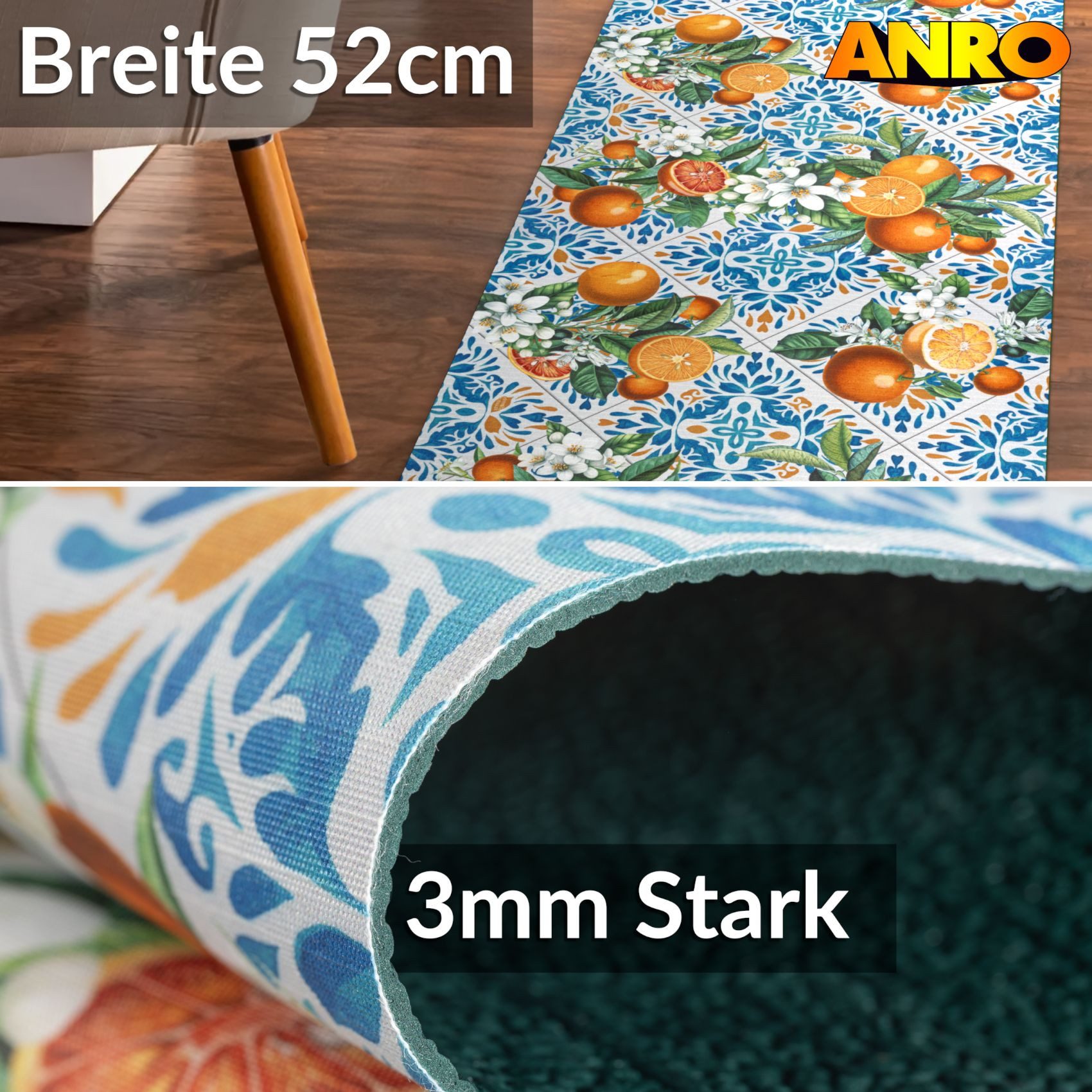 ANRO Küchenläufer GreenLine Teppichläufer Textil, Rechteckig, Höhe: 3 mm, Bodenläufer 100cm Orange Blau pflegeleicht