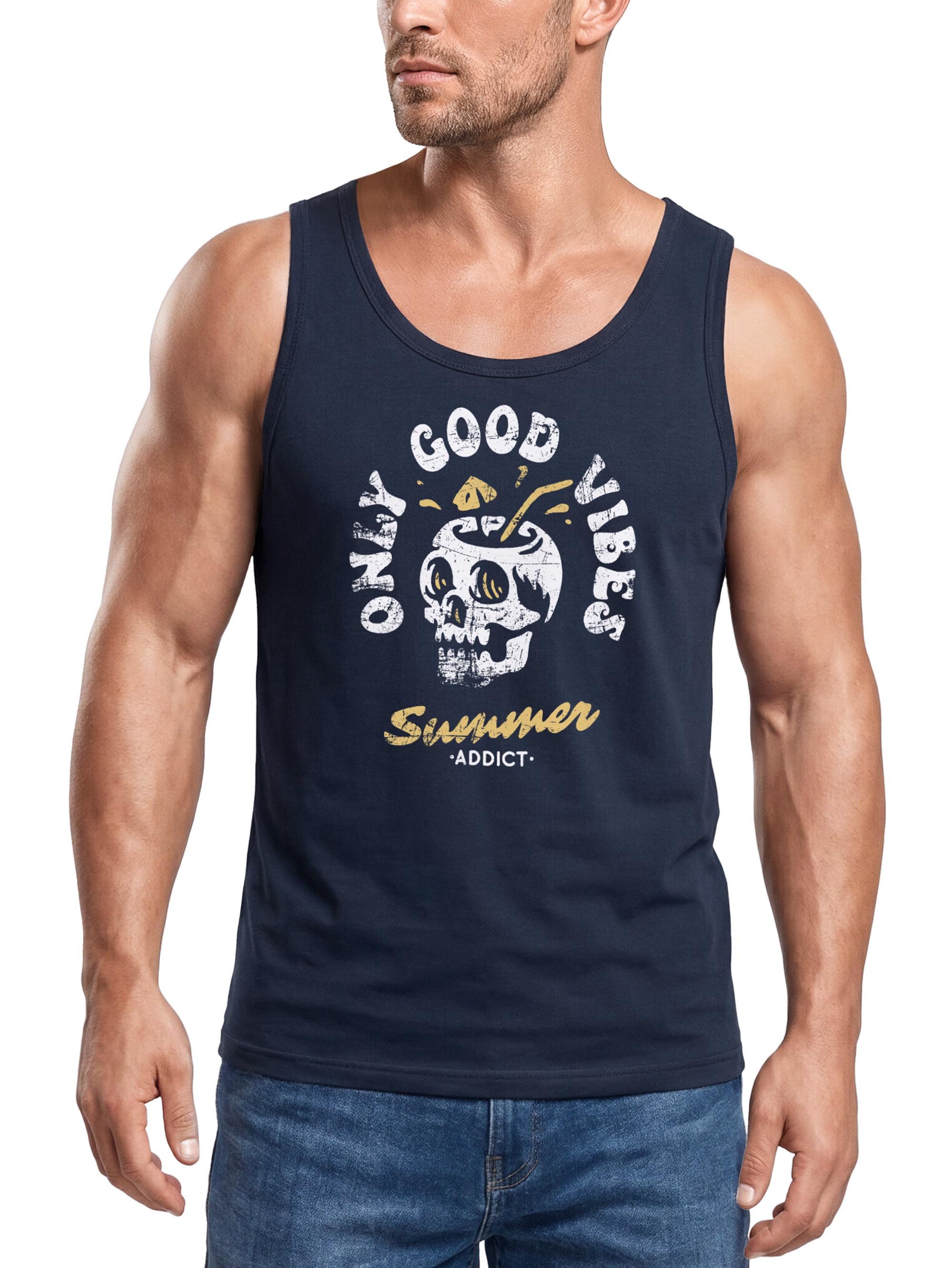 Neverless Tanktop Herren Tank-Top Totenkopf Schrift Only Good Vibes Skull Summer Sommer mit Print