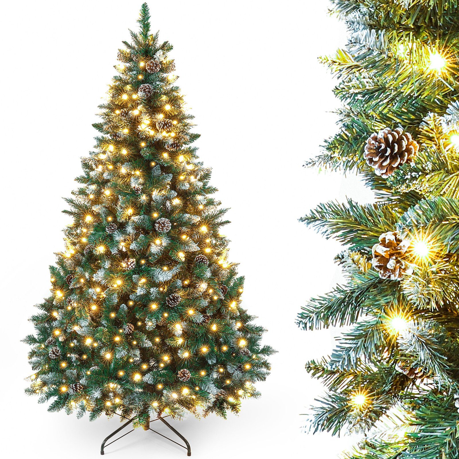 Yorbay Künstlicher Weihnachtsbaum Künstlicher Tannenbaum mit LED Beleuchtung,  Schnee, Kiefernzapfen, 150 / 180 / 210 cm auswählbar, mit Ständer,  Weihnachtsbaum Christbaum für Weihnachten-Dekoration