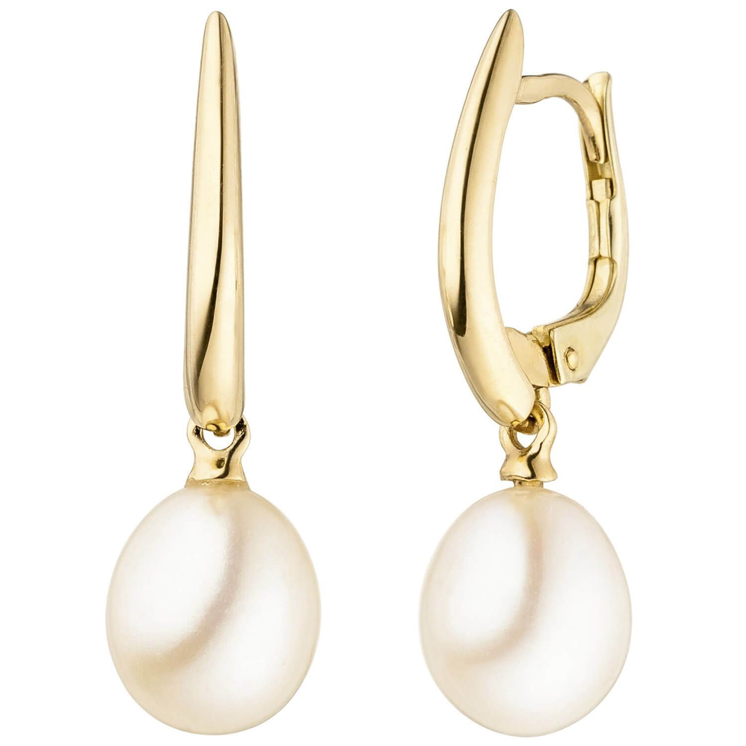 Ohrhänger Ohrringe Süßwasser-Perlen mit Gold Schmuck Krone Gelbgold Paar Boutons 24,5x7,5mm, Ohrhänger 585 Gold 585