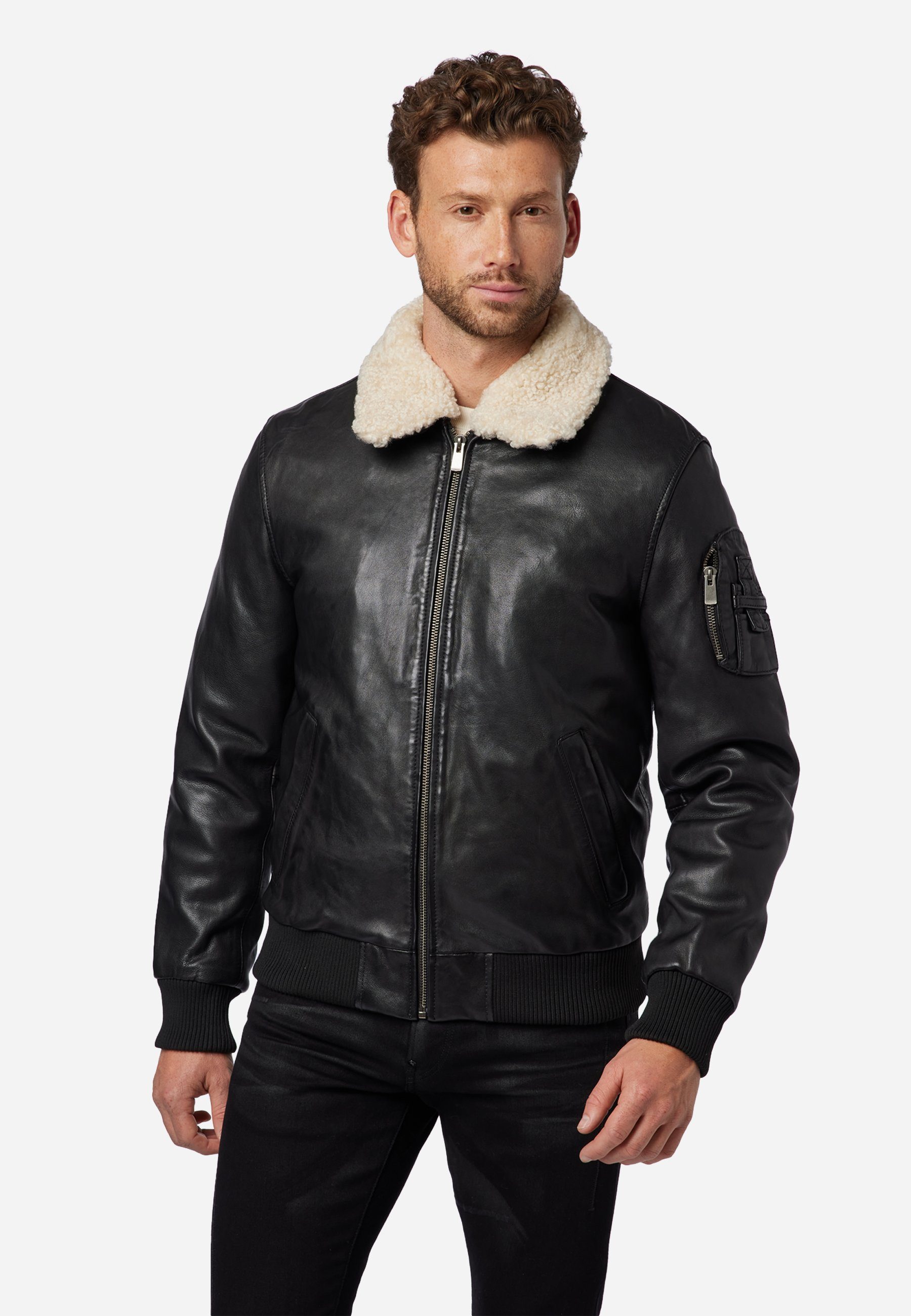 RICANO Lederjacke M-Bomber abtrennbare Lamm Fell-Kragen, hochwertiges Lamm Leder