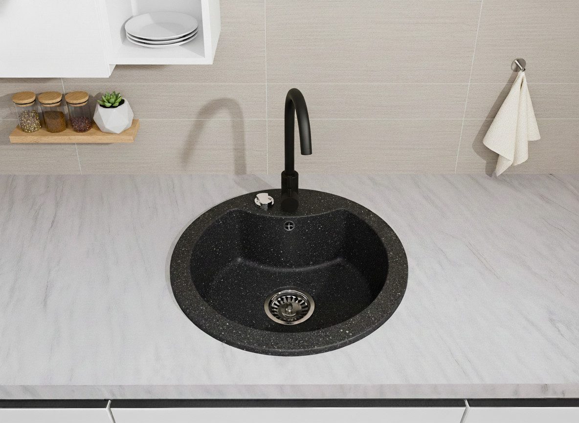 Faizee Home Granitspüle Granitspüle Vela Ø 49cm verschiedene Farben wahlweise Armatur
