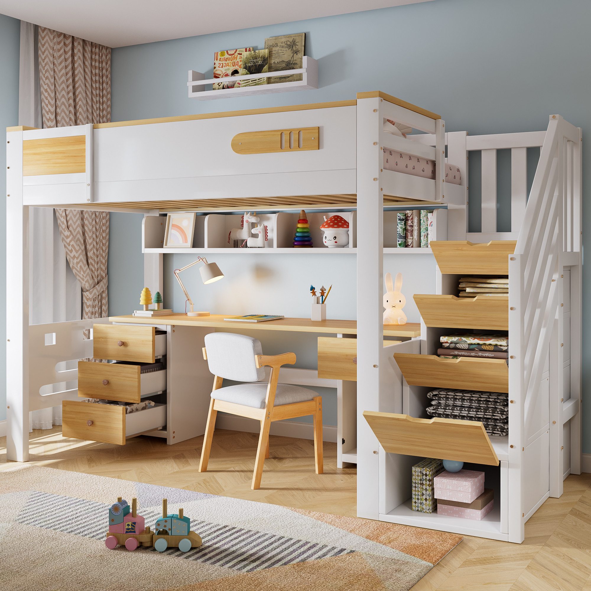 TavilaEcon Hochbett Holzbett mit Schreibtisch, Schubladen, Stauraumtreppe und Hängeregal (1-St) 90x200 cm, weiß+natur