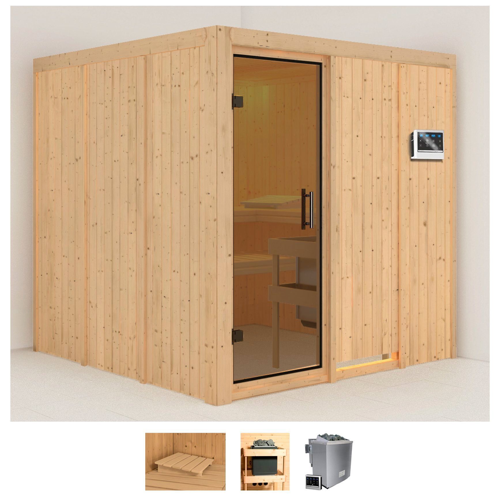 Karibu Sauna Rodin, BxTxH: 196 x 196 x 198 cm, 68 mm, (Set) Ofen 9 kW Bio externe Strg easy