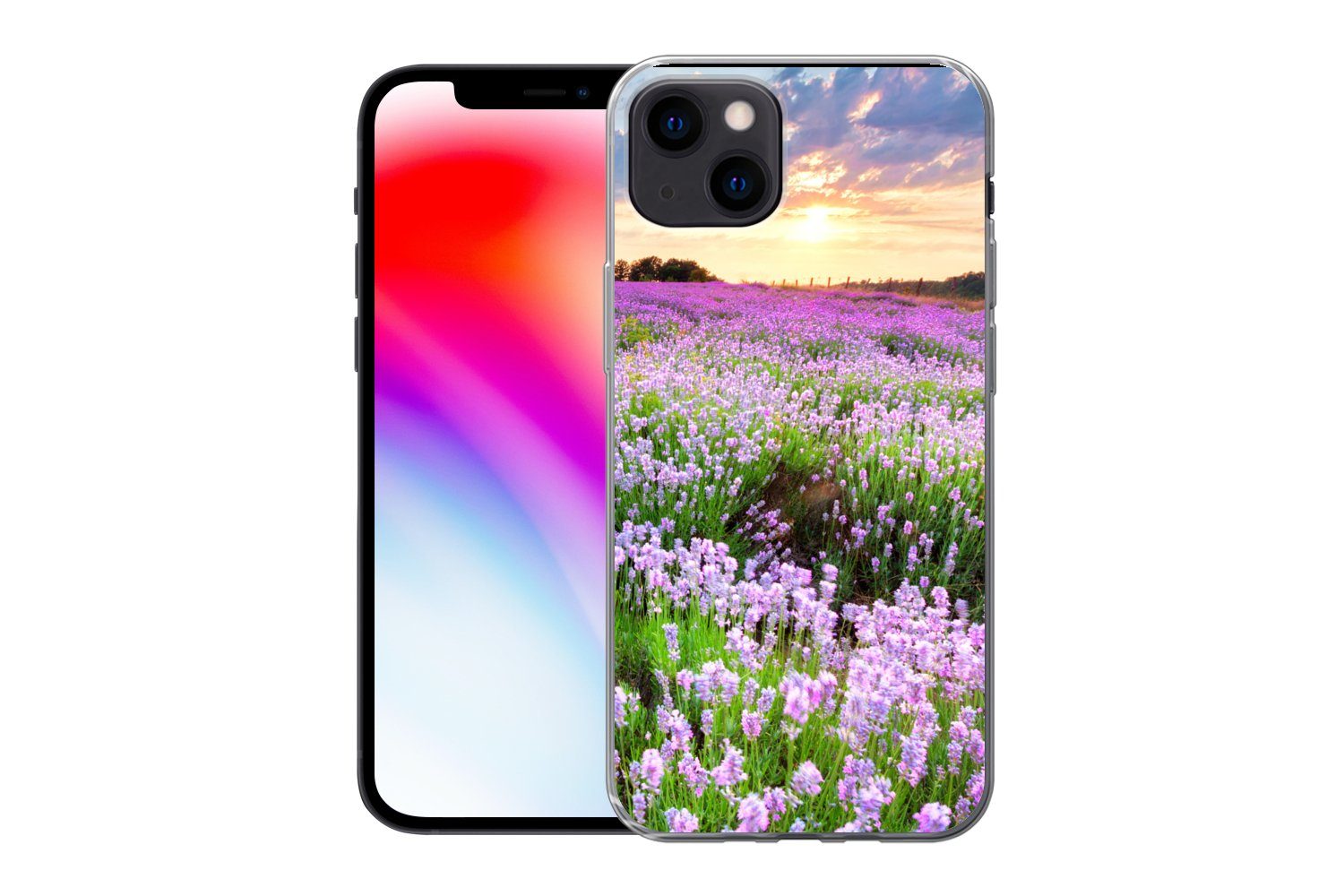 MuchoWow Handyhülle für Apple iPhone 13 Blumen - Lavendel - Lila - Himmel - Sonnenuntergan, Smartphone-Bumper, Print, Handy Schutzhülle Dünn