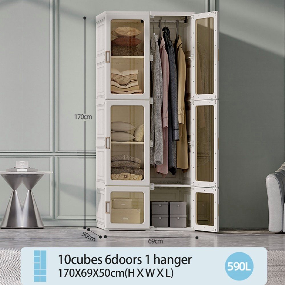 OKWISH Kleiderschrank (mit 1 transparenten Türen Kleiderschrank-Schlafzimmer-Armoire, Aufhängung, Türen PP+PET(Tür)+ABS+Magnet) Fächer 10 6 Kleiderschrank Tragbarer