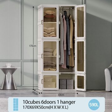 OKWISH Kleiderschrank Tragbarer Kleiderschrank-Schlafzimmer-Armoire, Kleiderschrank (mit transparenten Türen 10 Fächer 6 Türen 1 Aufhängung, PP+PET(Tür)+ABS+Magnet)