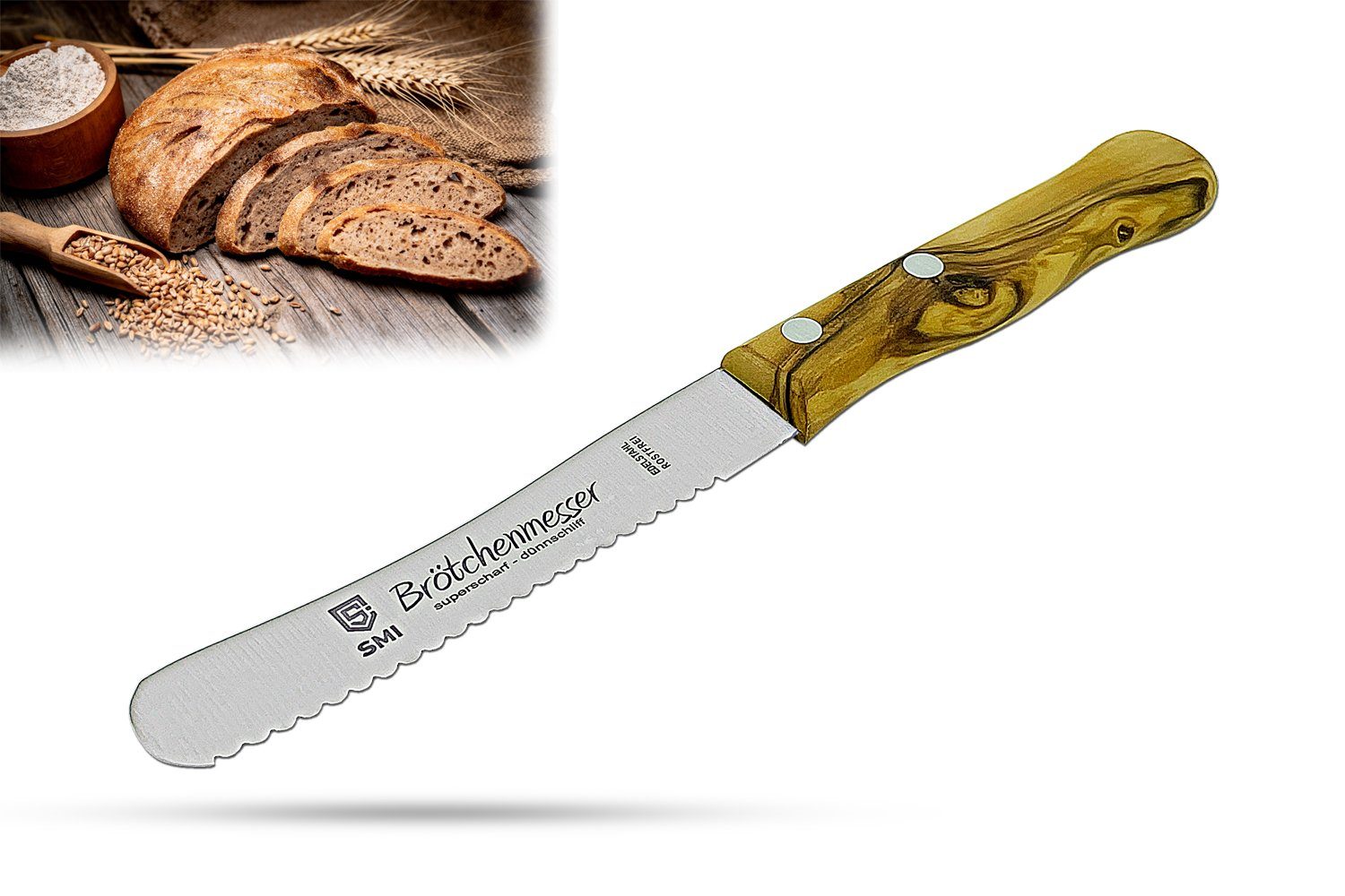 Brötchenmesser Messer Wellenschliff Frühstücksmesser Olivenholz Buckelsmesser
