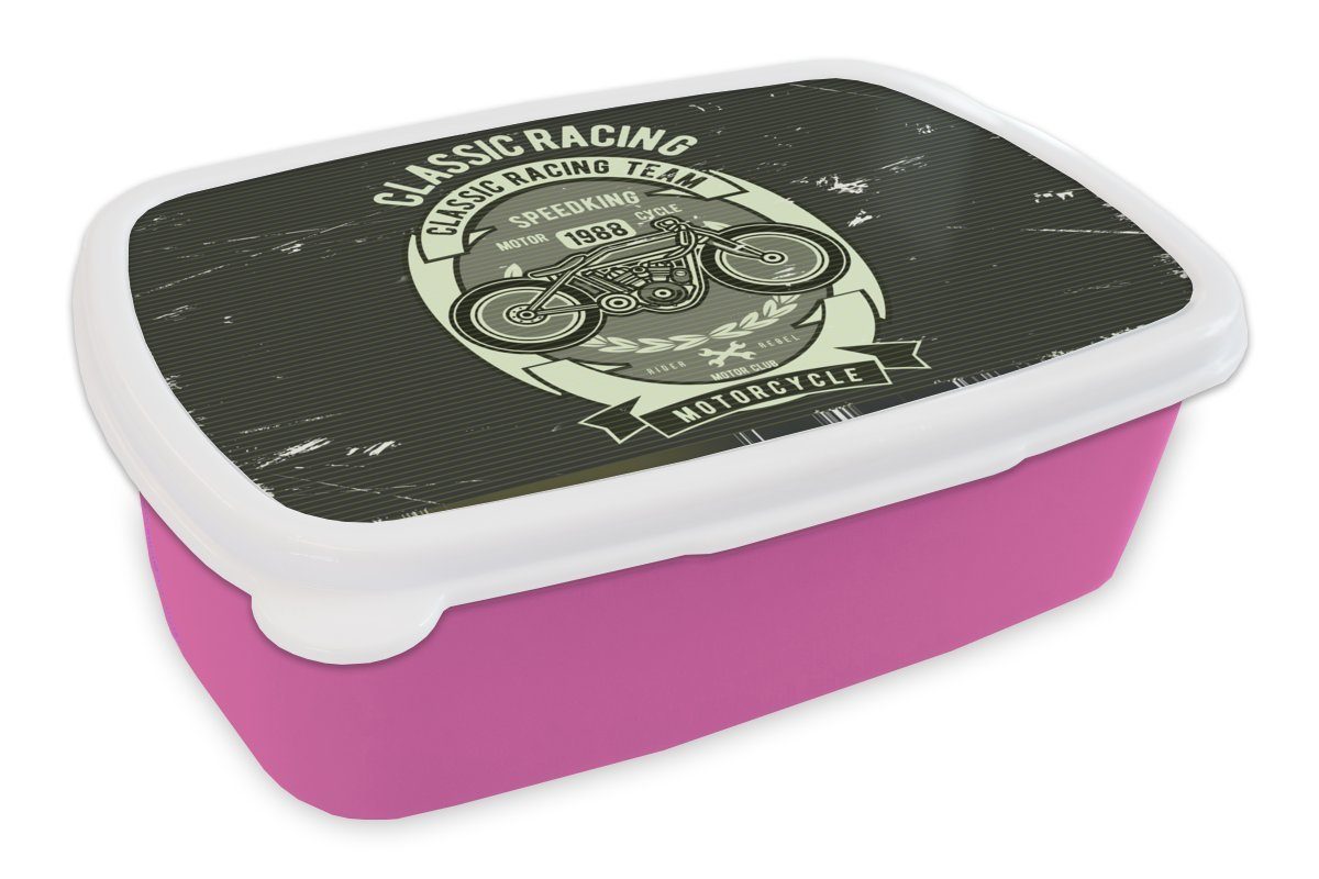 MuchoWow Lunchbox Motorrad - Vintage - Zeichnung, Kunststoff, (2-tlg), Brotbox für Erwachsene, Brotdose Kinder, Snackbox, Mädchen, Kunststoff rosa