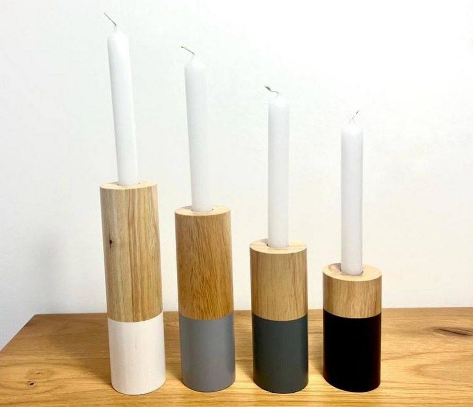 Terra Home Kerzenhalter Kerzenständer Mehrfarbig, 4er Set Tischkerzenhalter  Holz (für Adventskerzen geeignet, 4 St., Grau 4 er Set Teelichthalter),  Wende Kerzenhalter.Stabkerzen oder
