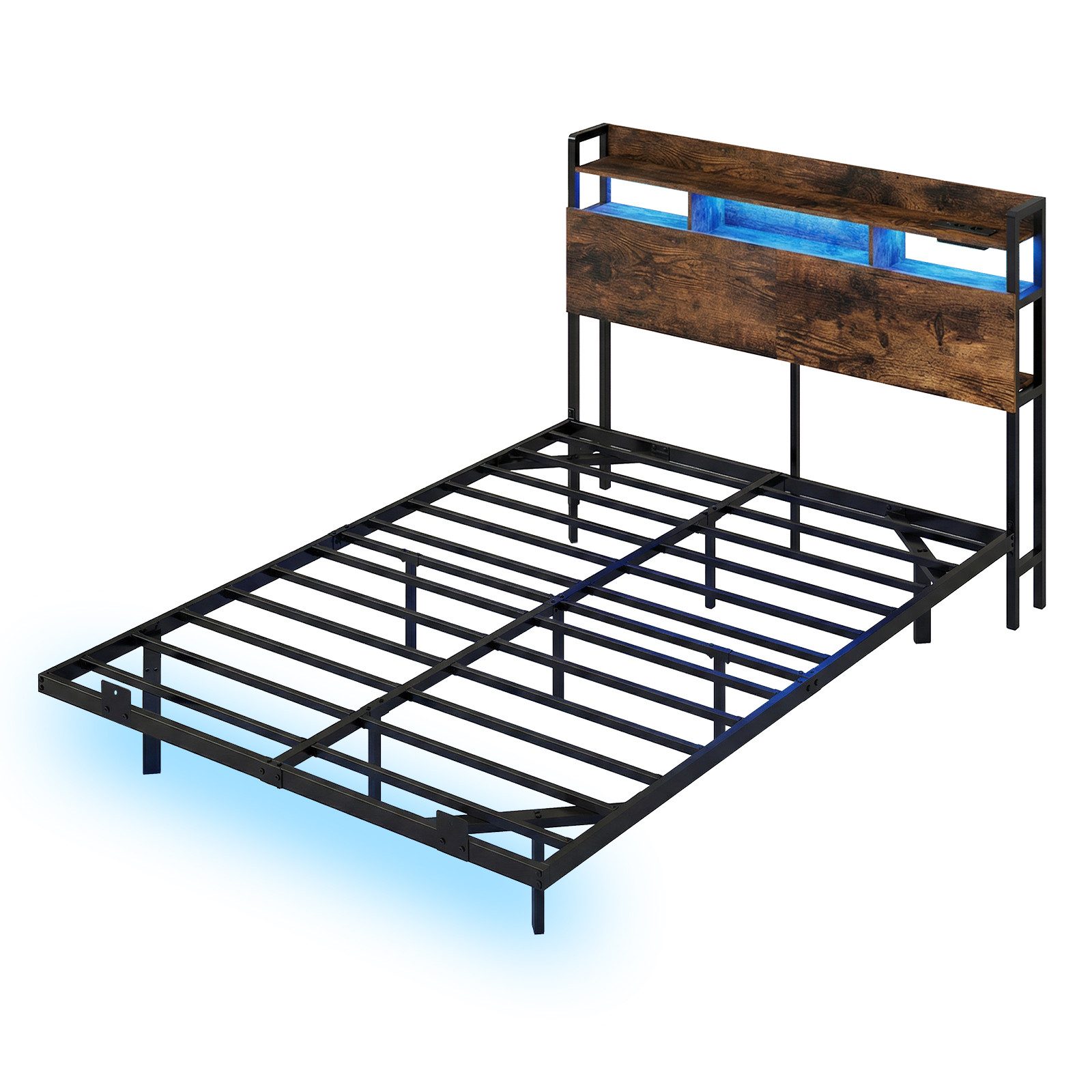 COSTWAY Bettgestell (1-tlg), Bettrahmen, Doppelbett, mit LED & Ladestation, 140x200cm