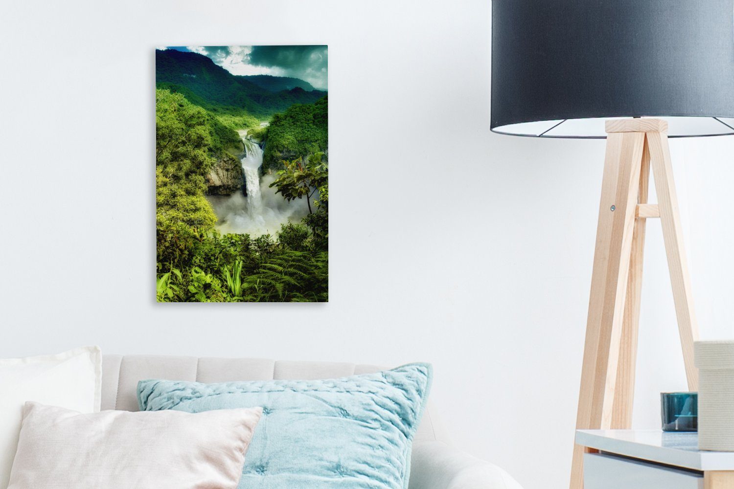 Berge Wasserfall Leinwandbild Zackenaufhänger, St), 20x30 (1 - Dschungel, bespannt fertig - cm Gemälde, Leinwandbild inkl. OneMillionCanvasses®