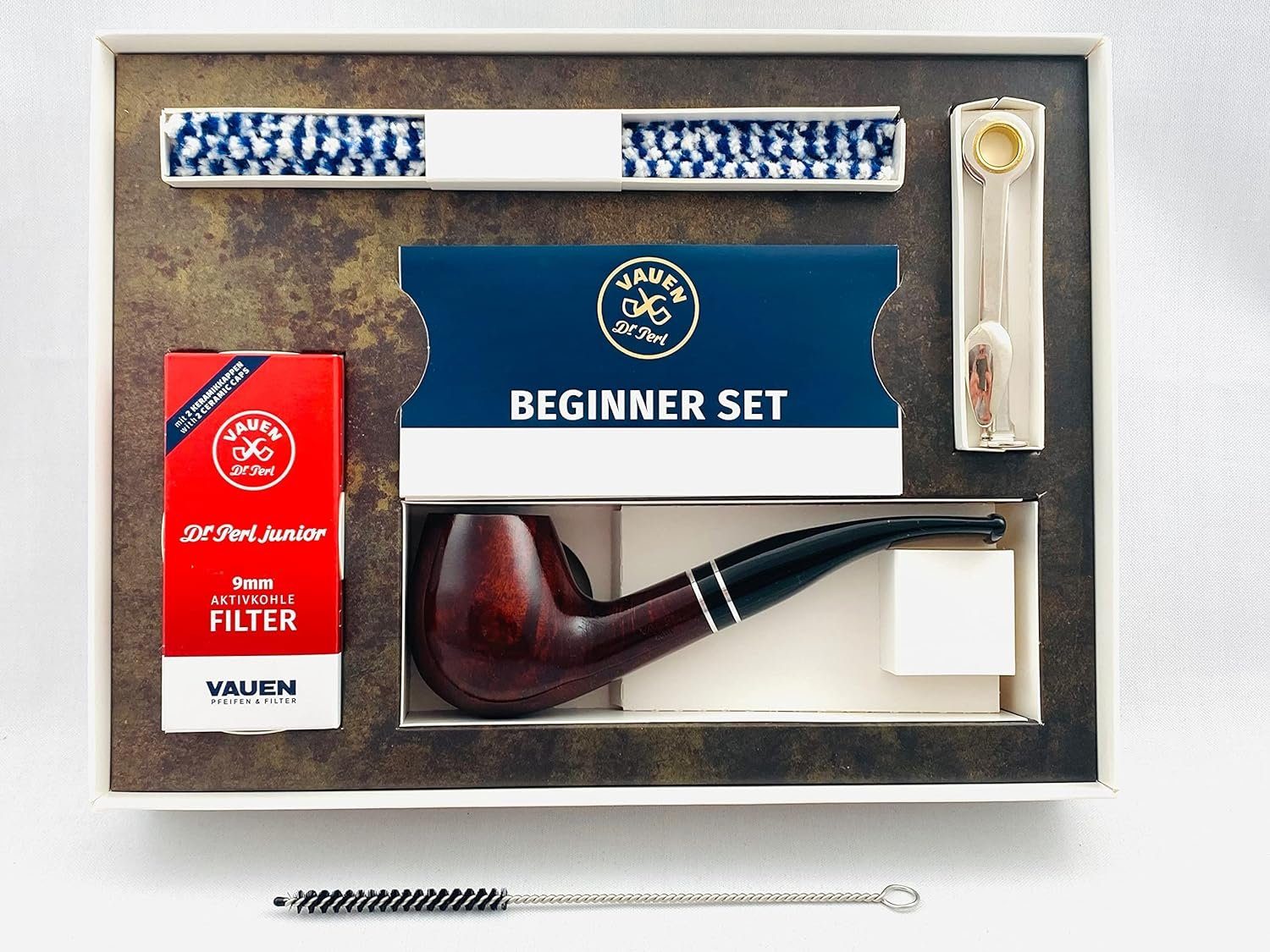 VAUEN Handpfeife VAUEN Pfeife Intro 1 Starter Set gebogen hell braun 9mm Filter, (7 teilig), Einsteigerset mit viel Zubehör in einer ansprechenden Geschenkbox