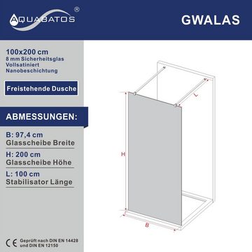 AQUABATOS Walk-in-Dusche Duschwand Glas Duschabtrennung Badewanne Walk-In Dusche, 8 mm Einscheibensicherheitsglas mit Nano Beschichtung, (Nano ESG Echtglas Duschtrennwand Milchglas Breite wählbar Duschkabine schwarz 97x200 cm,117x200 cm,Vollsatiniert,mit 2 Stabilisationsbügel in schwarz matt,von beiden Seiten betreten,Großer Eingang), Barrierefrei, Nanobeschichtung, Echtglas, Rahmenlos