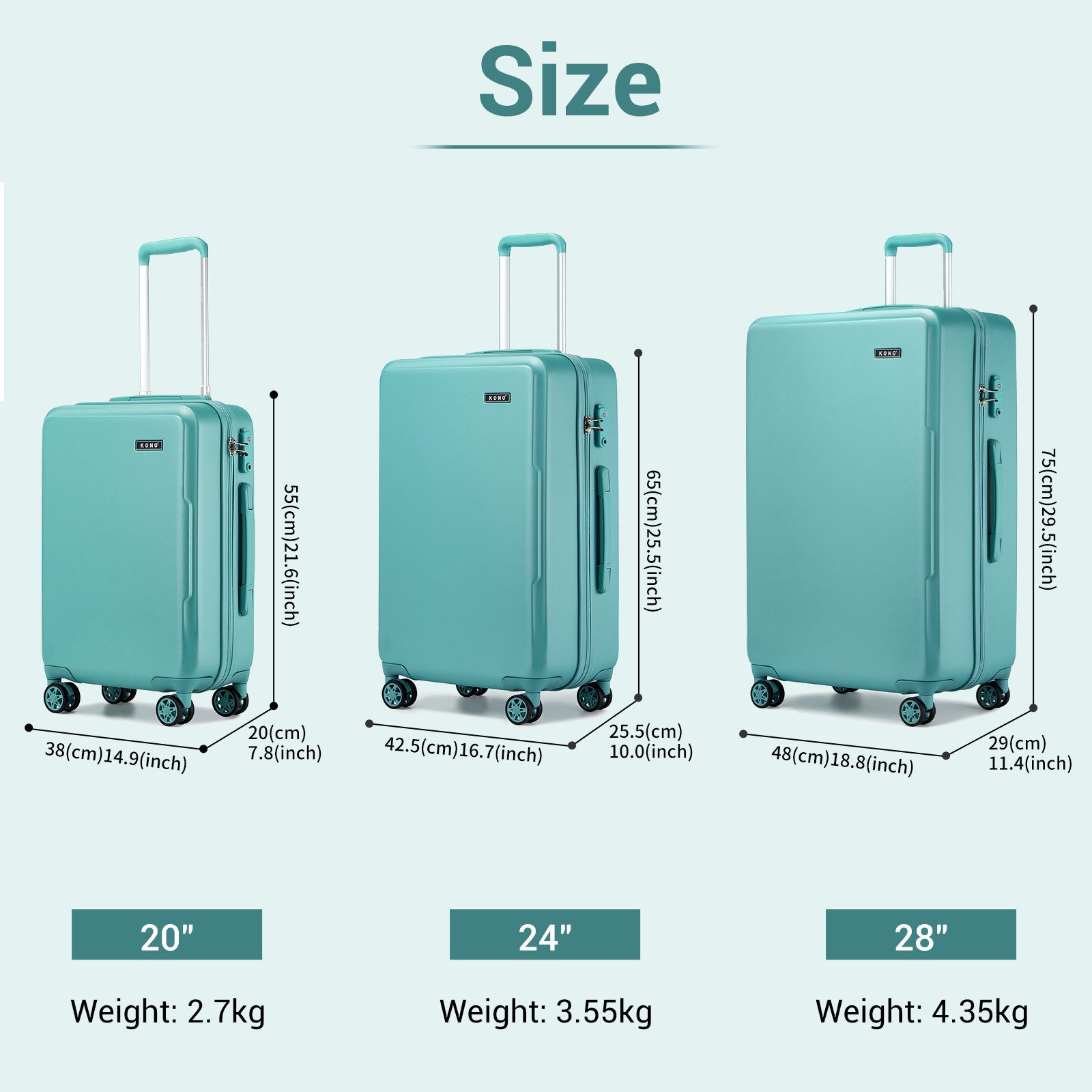 KONO Handgepäck-Trolley Koffer, PC + ABS Hartschale, TSA-Schloss, Doppel-Spinnräder