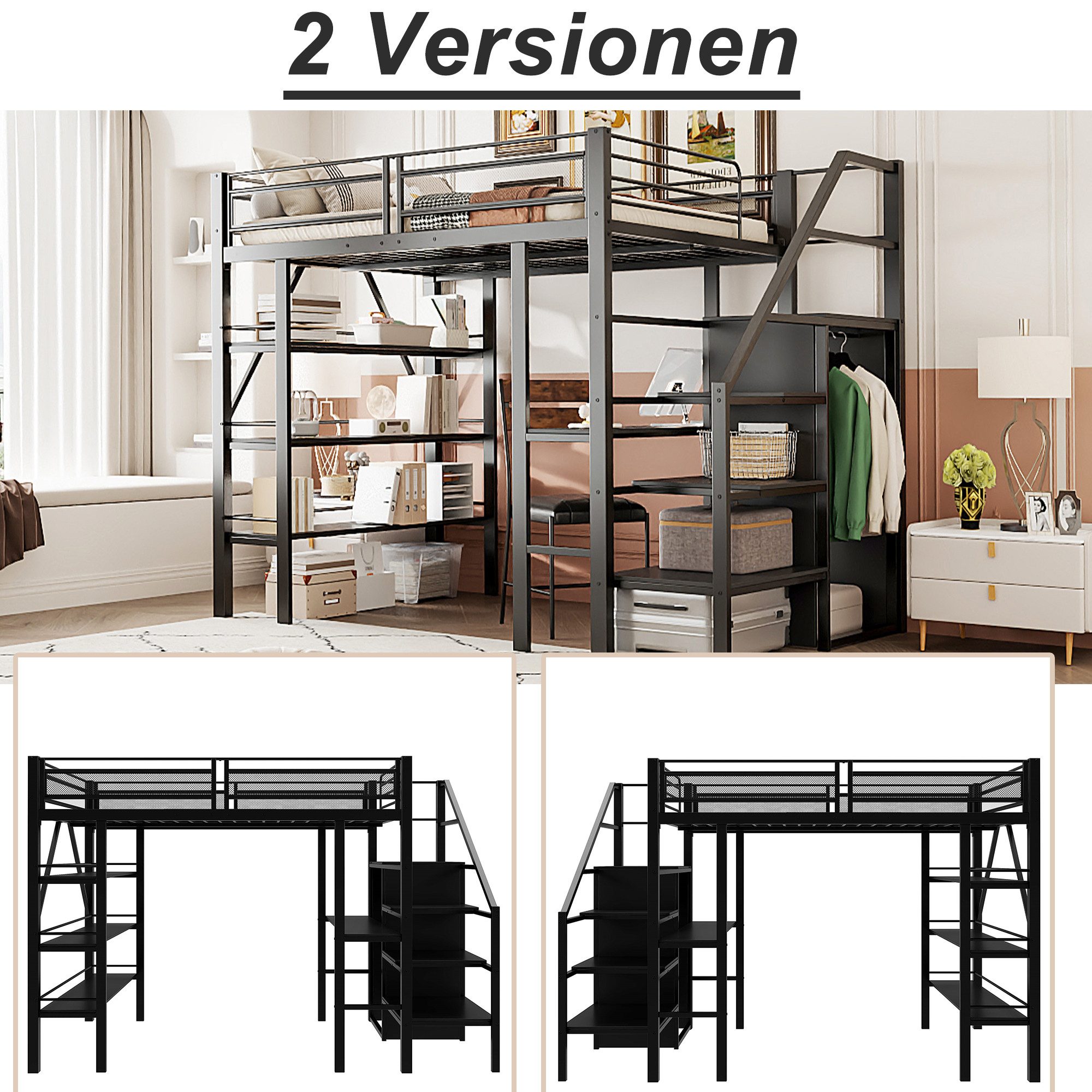 Flieks Hochbett Metallbett 140x200cm mit Schreibtisch Stauraumtreppe Kleide günstig online kaufen