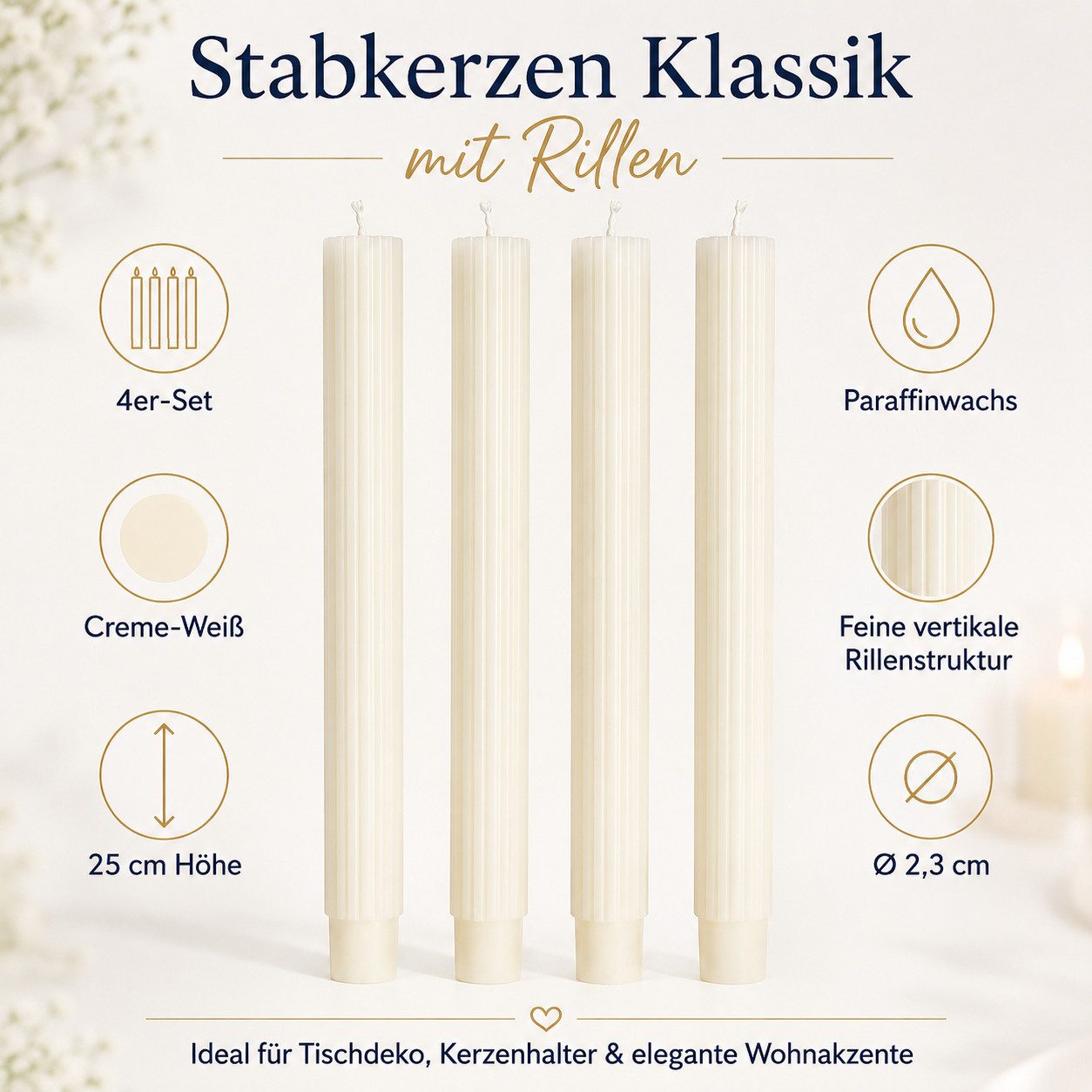 BOLTZE Tafelkerze Stabkerzen Klassik Creme-Weiß 4er-Set mit Rillen 25 cm