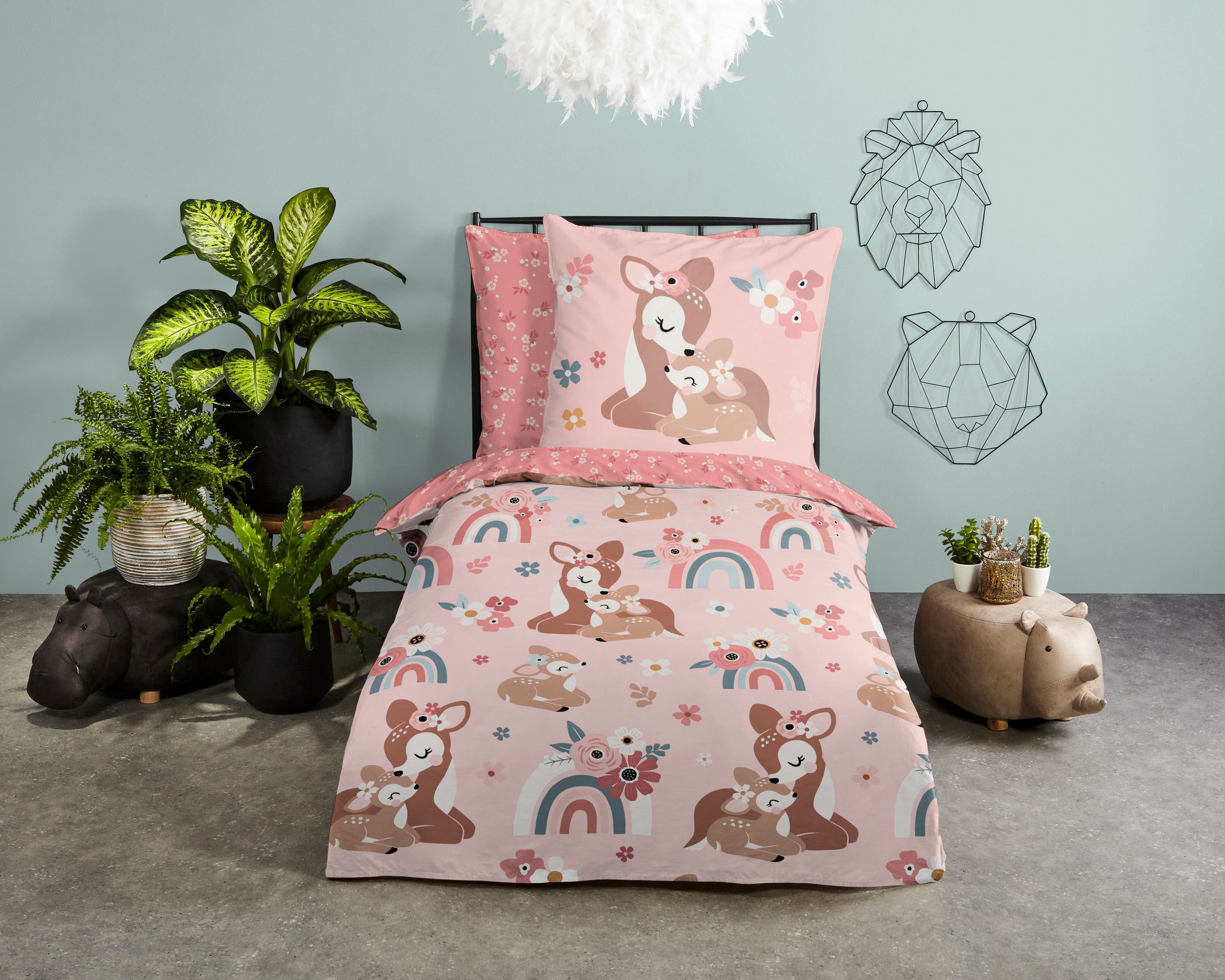 good morning Kinderbettwäsche Bibi blossom, Renforcé, 2 teilig, Baumwolle, 135x200, Reißverschluss, Wende, Kind, Mädchen, Bambi, Rosa