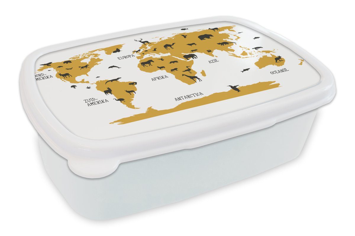 MuchoWow Kinder Lunchbox Kunststoff, weiß Gold für für Brotbox Brotdose, Tiere Kinder Weltkarte - Kind, (2-tlg), - - und Mädchen und Erwachsene, - Jungs