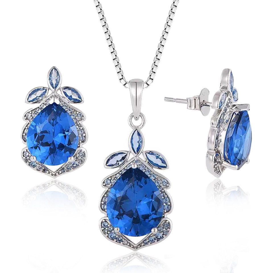 PAVELS Schmuckset Himmelstropfen (Ohrstecker, Halskette), Edles Schmuckset mit blauen tropfenförmigen Zirkonia für Damen