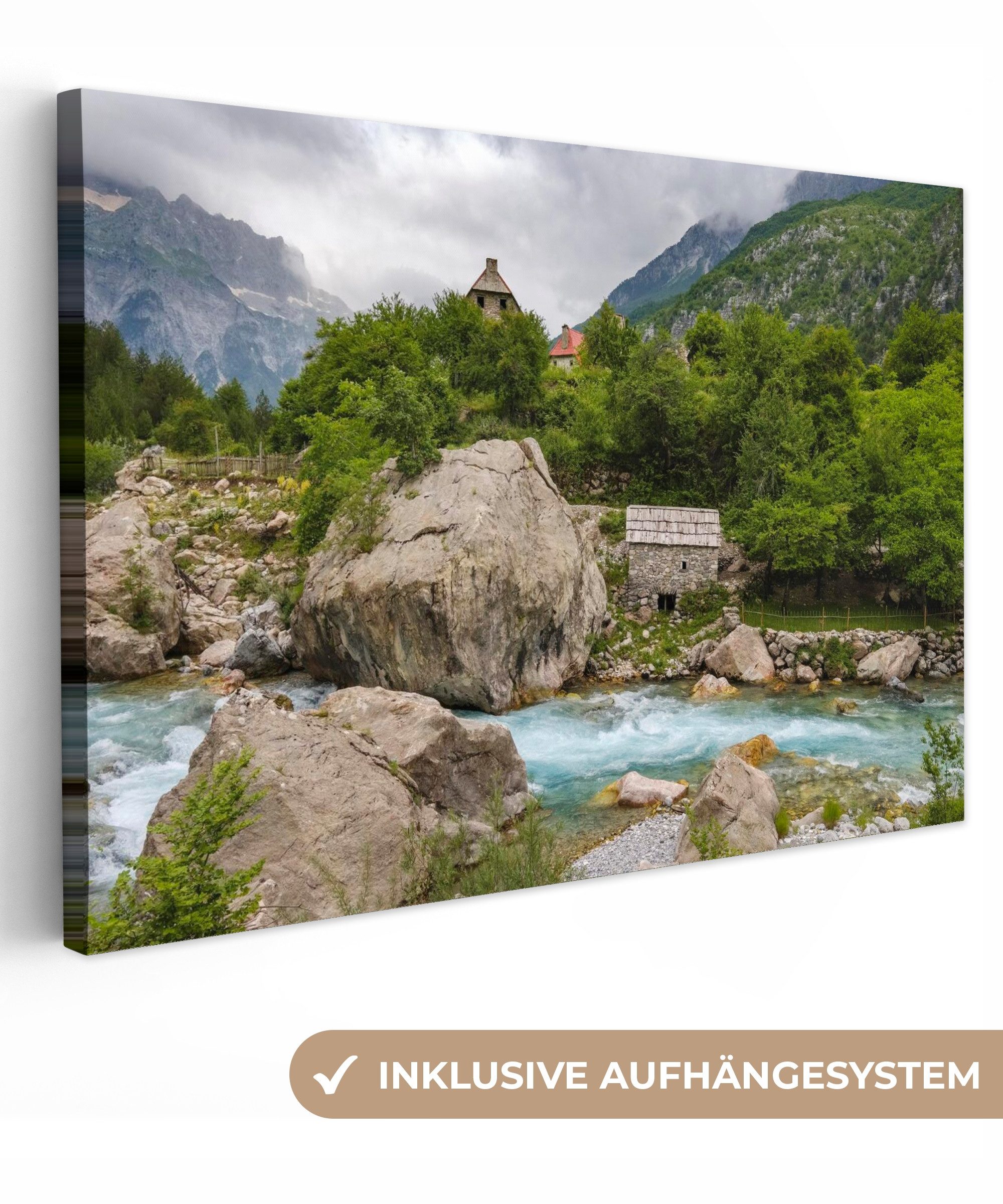 OneMillionCanvasses® Leinwandbild Sprudelndes Wasser zwischen alten albanischen Steinen in Theth, Fotodruck (1 St), Leinwand Bilder Klein, Wand Dekoration Aesthetic 30x20 cm
