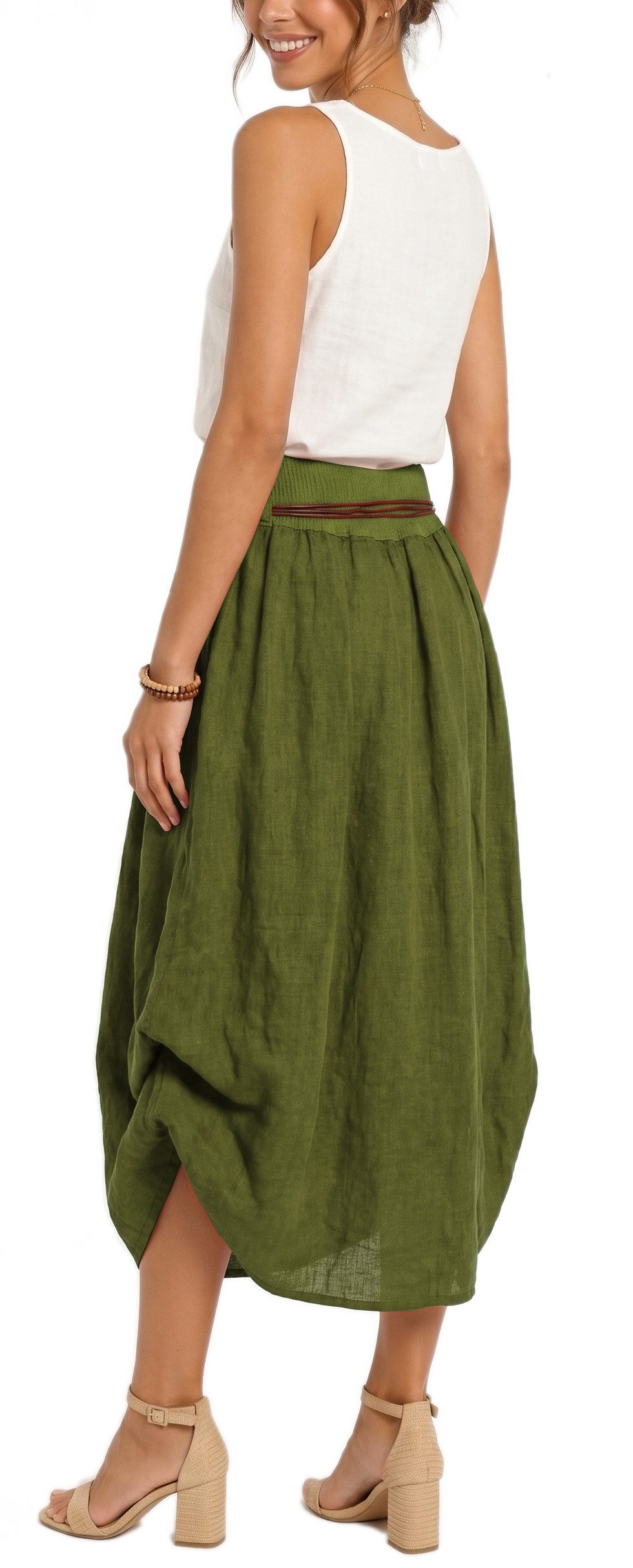dy_mode Ballonrock Damen Leinenrock Midi Ballonrock Sommerrock Midirock in Unifarbe, mit Teil-Gummibund, Variabler 2-in-1 Look
