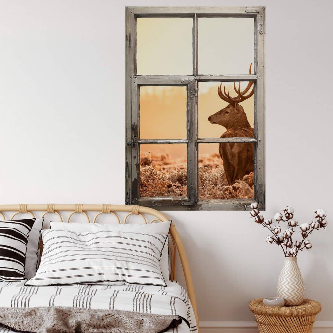 K&L Wall Art Wandtattoo 3D Wandtattoo Waldtiere Aufkleber Holz Optik Majestätischer Hirsch im Wald, Holzfenster Wandbild selbstklebend