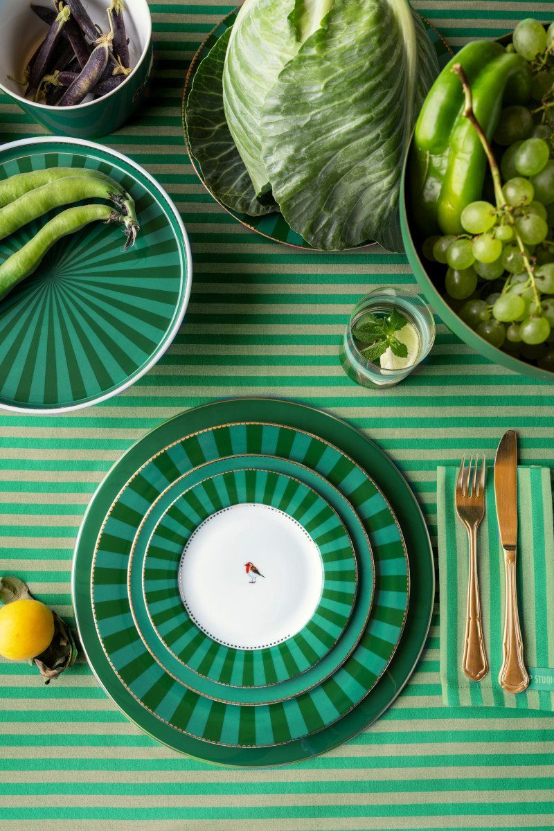 PiP Studio Brotteller Love Birds Brotteller Stripes grün 17cm, Plate Love Birds Stripes Emerald-Green 17cm