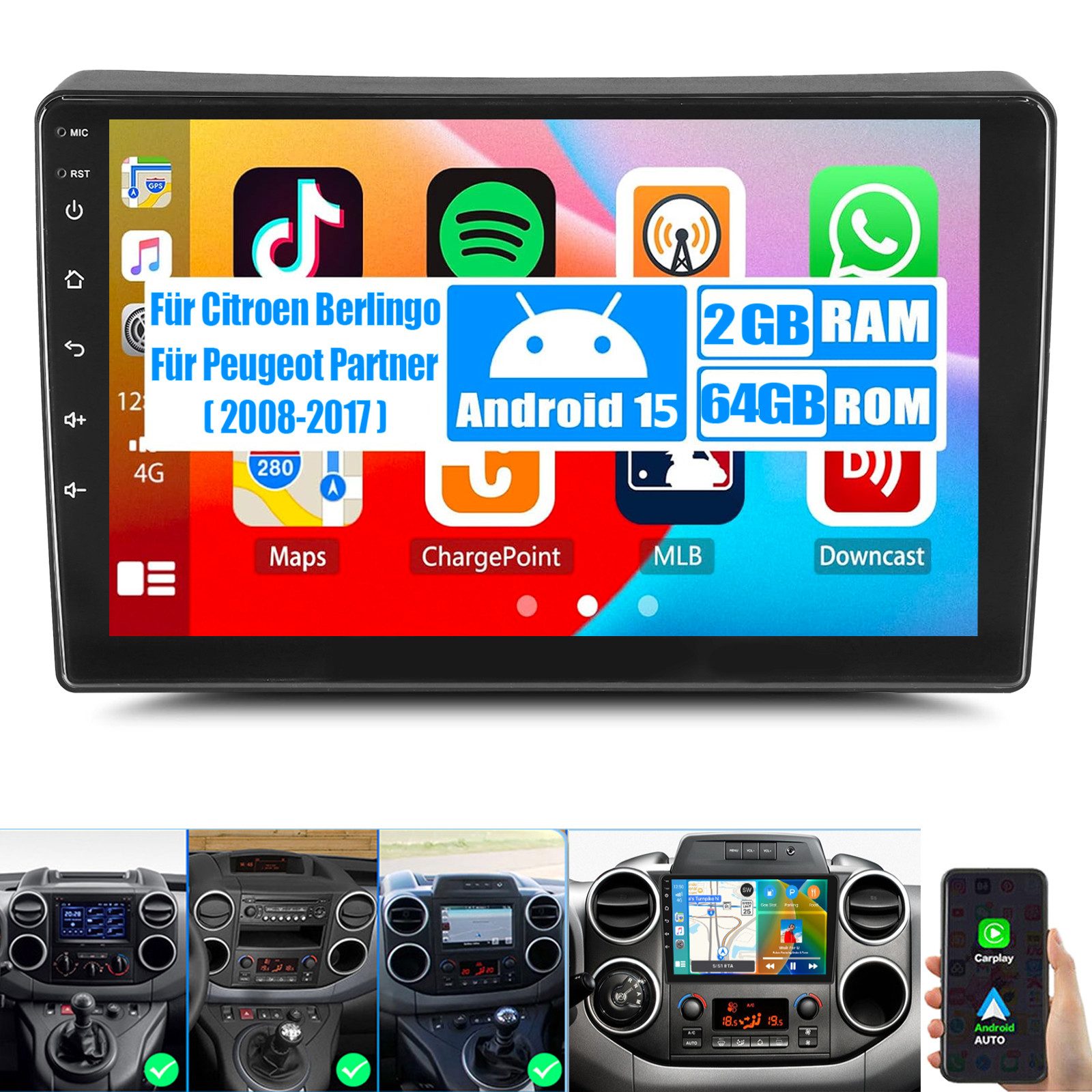 ESSGOO DAB+ CarPlay Android 15 Autoradio Für Citroen Berlingo Peugeot Partner Autoradio (Digitalradio (DAB), 4+64GB(optional), RDS, AM, FM, Carplay Android Auto Bluetooth EQ USB GPS Navi WIFI Touchscreen)