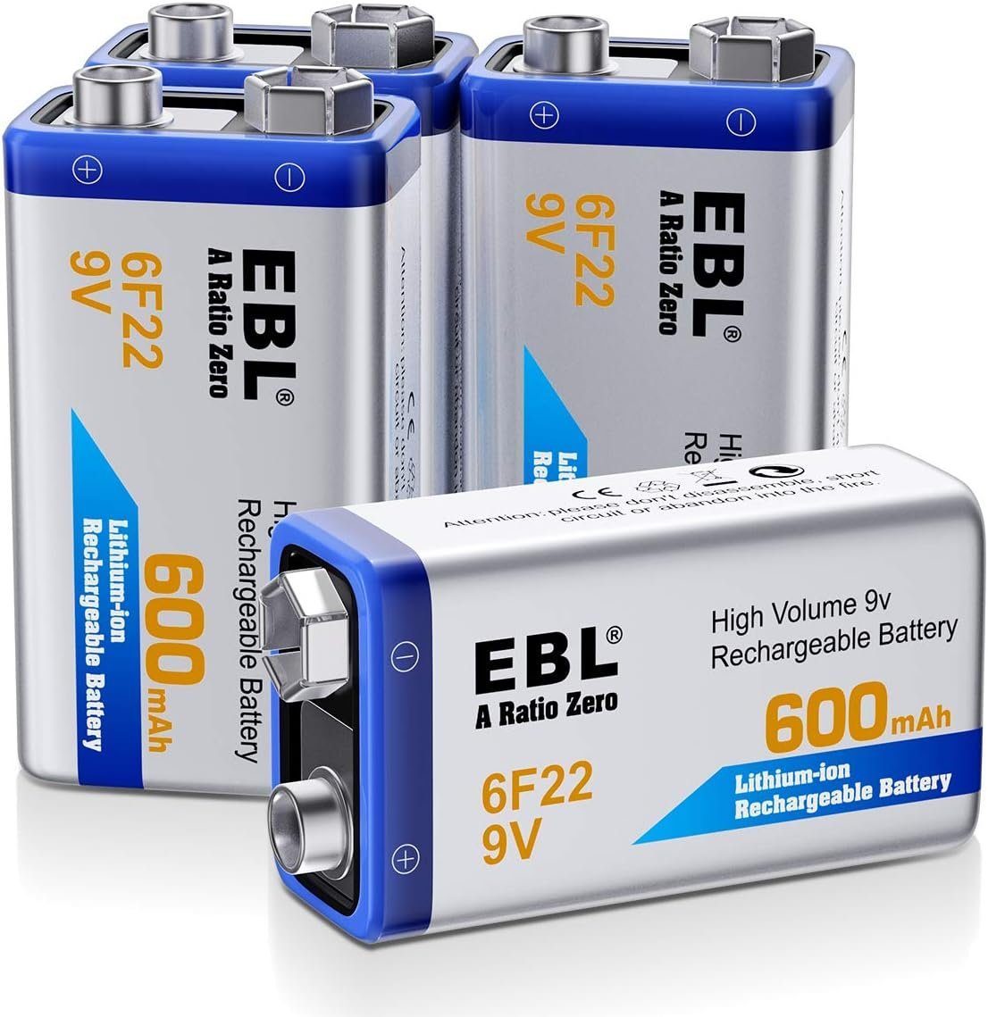 EBL 9 Volt Block Akku 600mAh Li-Ionen Wiederaufladbare Batterie 4 Stück Akku  (9 V)