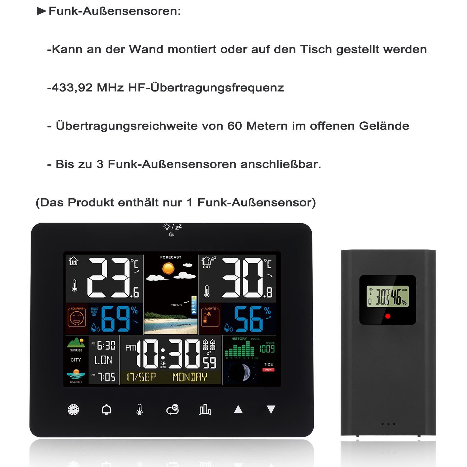 LETGOSPT Touch-Screen Thermometer Wettervorhersage Sensor) Wetterstation (mit