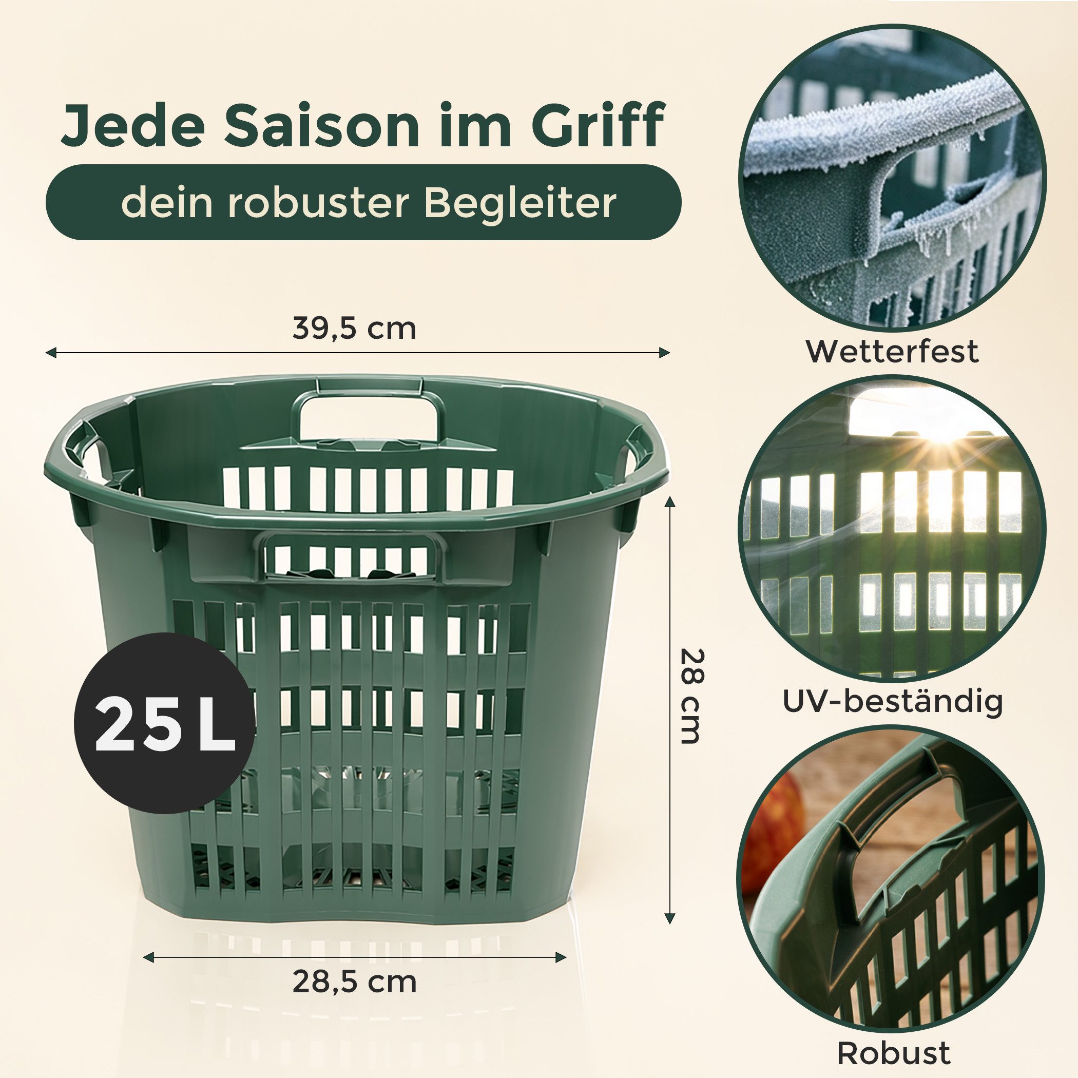 Hausfelder Allzweckkorb Erntekorb Gartenkorb, Grün, 25 Liter, 1 Stück (1er Set, 1 St), lebensmittelecht und stabil aus Kunststoff
