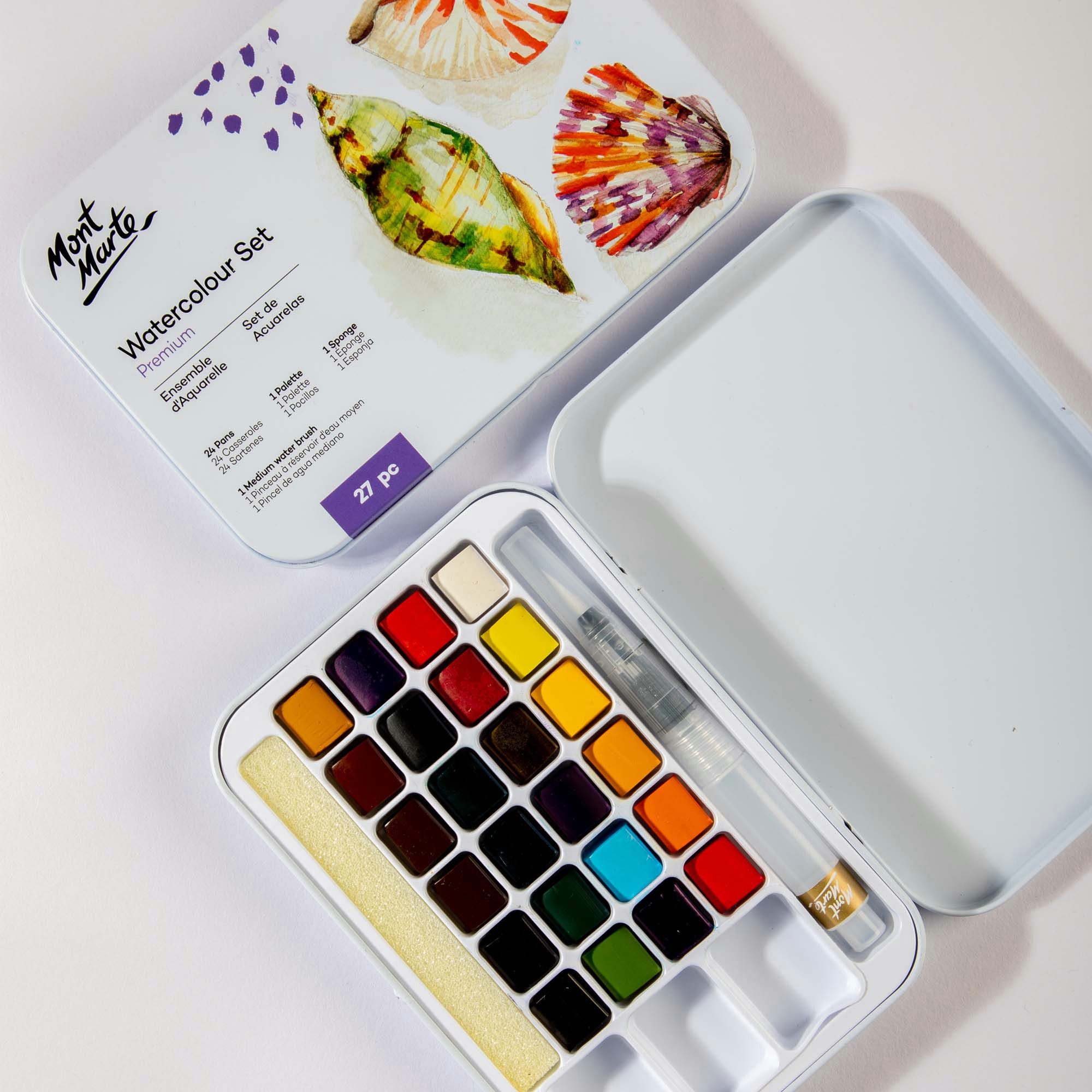 Mont Marte Aquarellfarbe Set 24 / 36 Farben – Malset mit Wassertankpinsel, Etui mit Fingerring, Ideal für Reisen, Urban Sketching & kreative Auszeiten