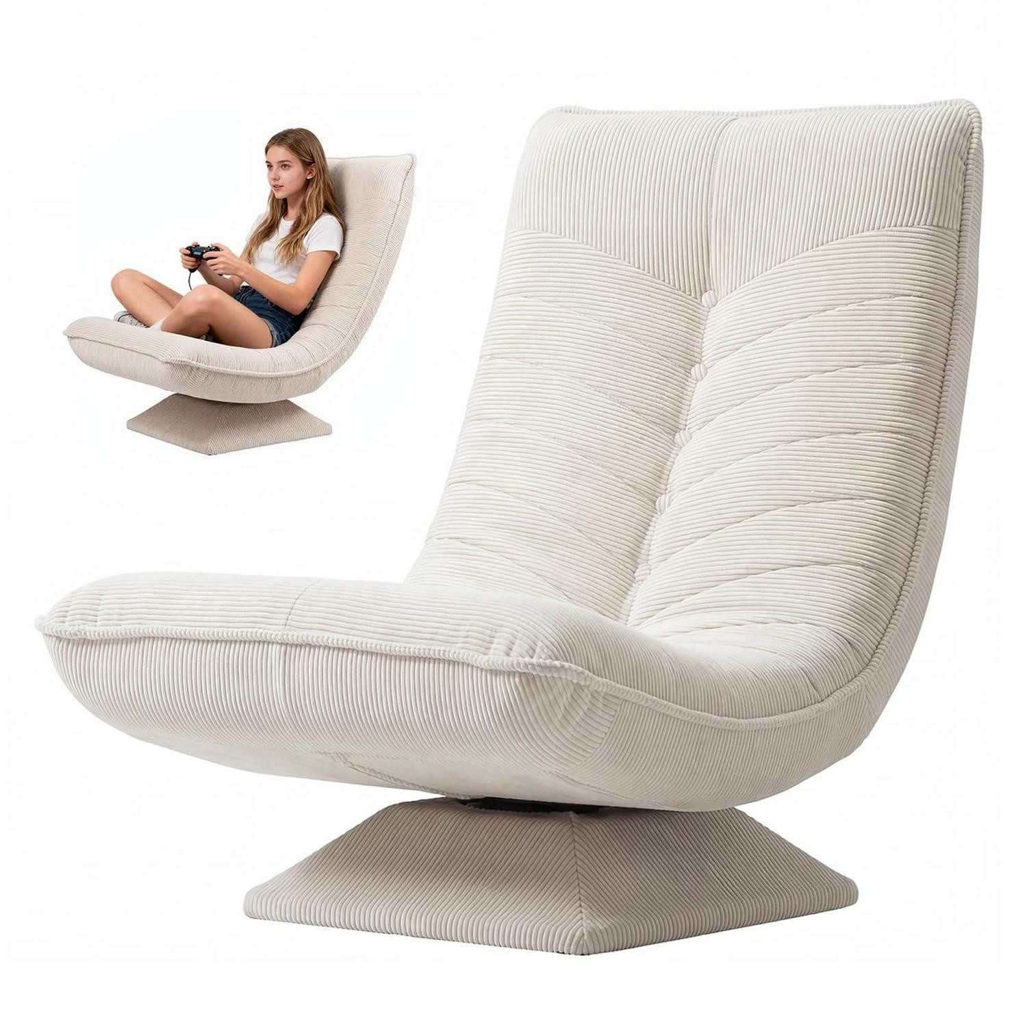 LuxusKollektion Drehsessel Sessel 360 drehbar verstellbar klappbar Cord Lesesessel Beige