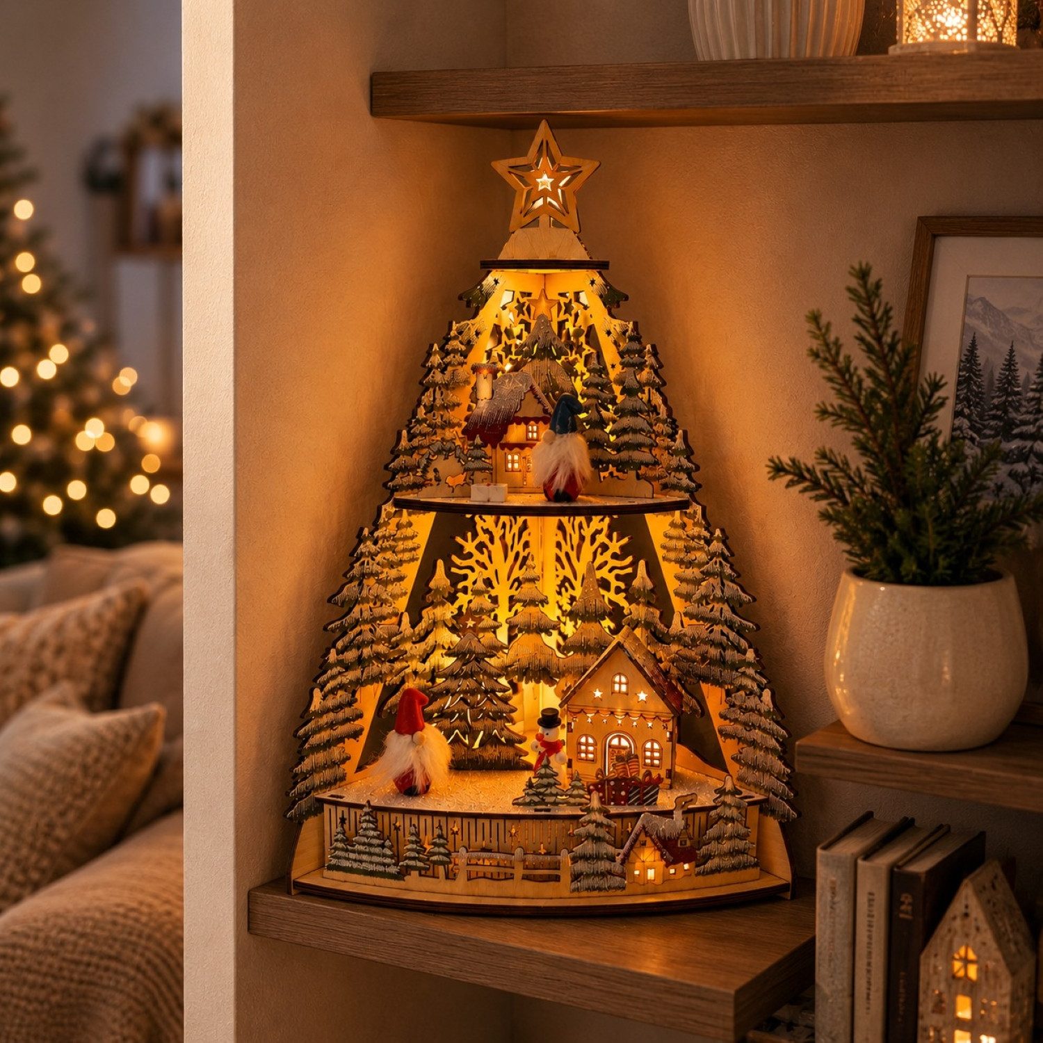 Online-Fuchs LED Lichterbogen Winterlandschaft mit Wichteln und LED-Beleuchtung - Weihnachtsdeko, inklusive 6-Stunden Timerfunktion - 90° Eckdesign